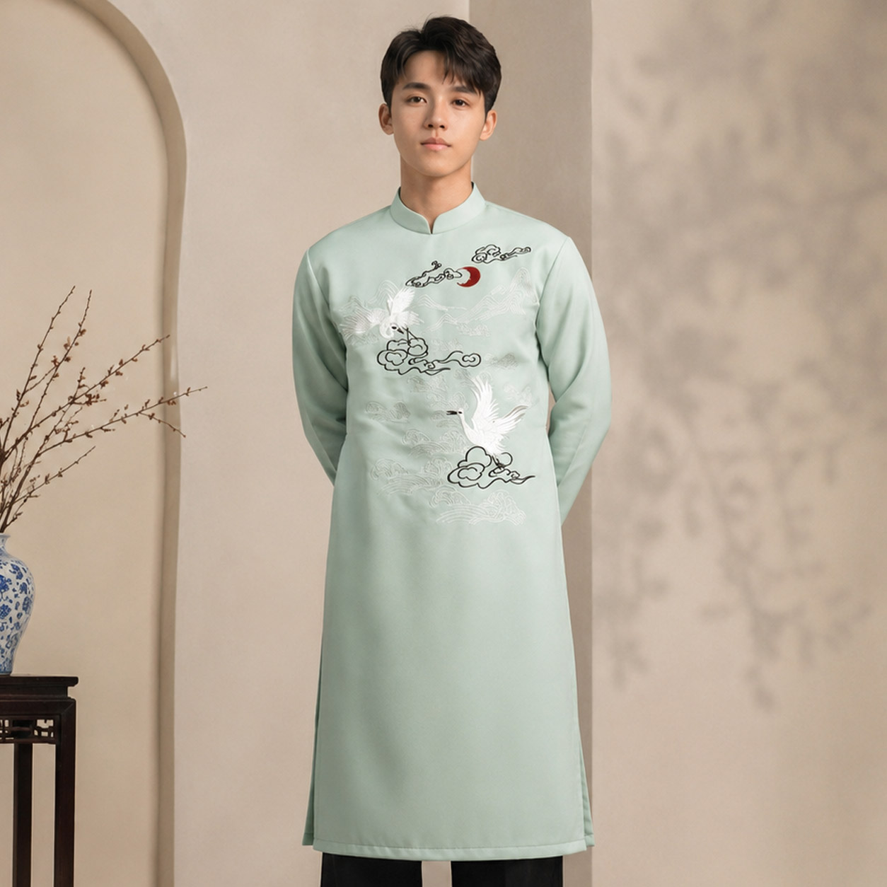 Áo Dài Nam Cách Tân Taffeta Thêu Hạc Vân Sơn Thủy NA26-22_thumbnail_1