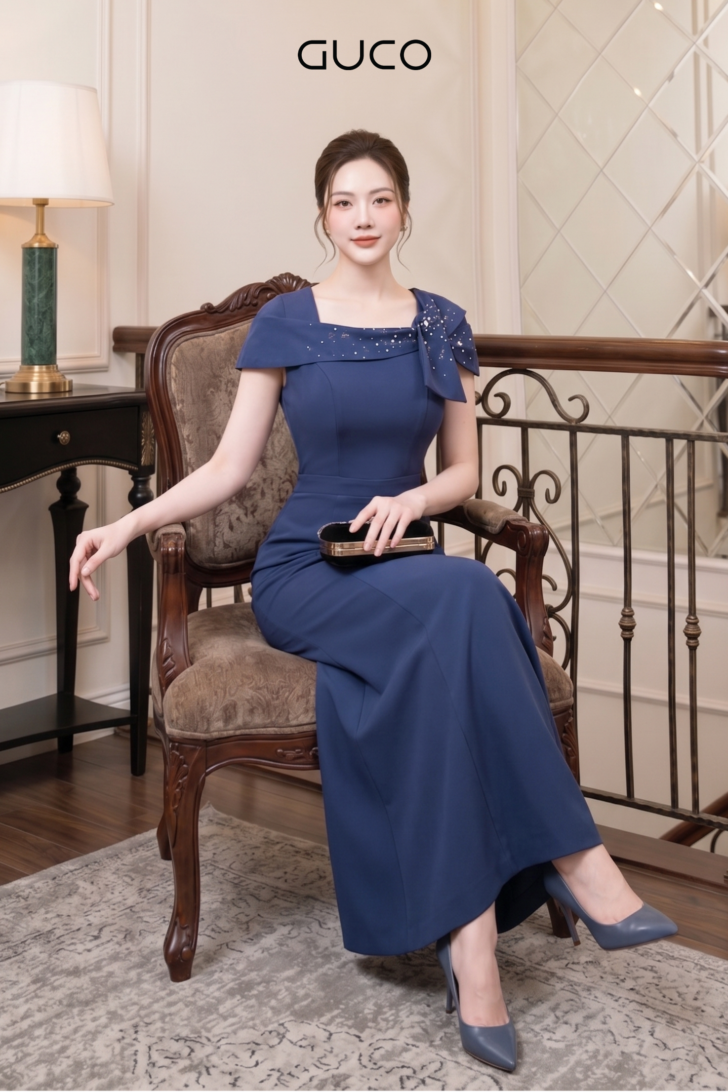 Đầm Dạ Hội Xanh Phối Nơ Đính Đá_thumbnail_1