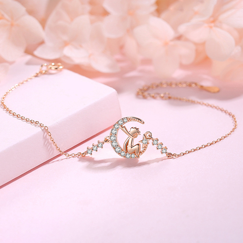 Lắc Tay Bạc S925 Đính Đá Zircon Hoàng Tử Bé Ngắm Trăng HTT041