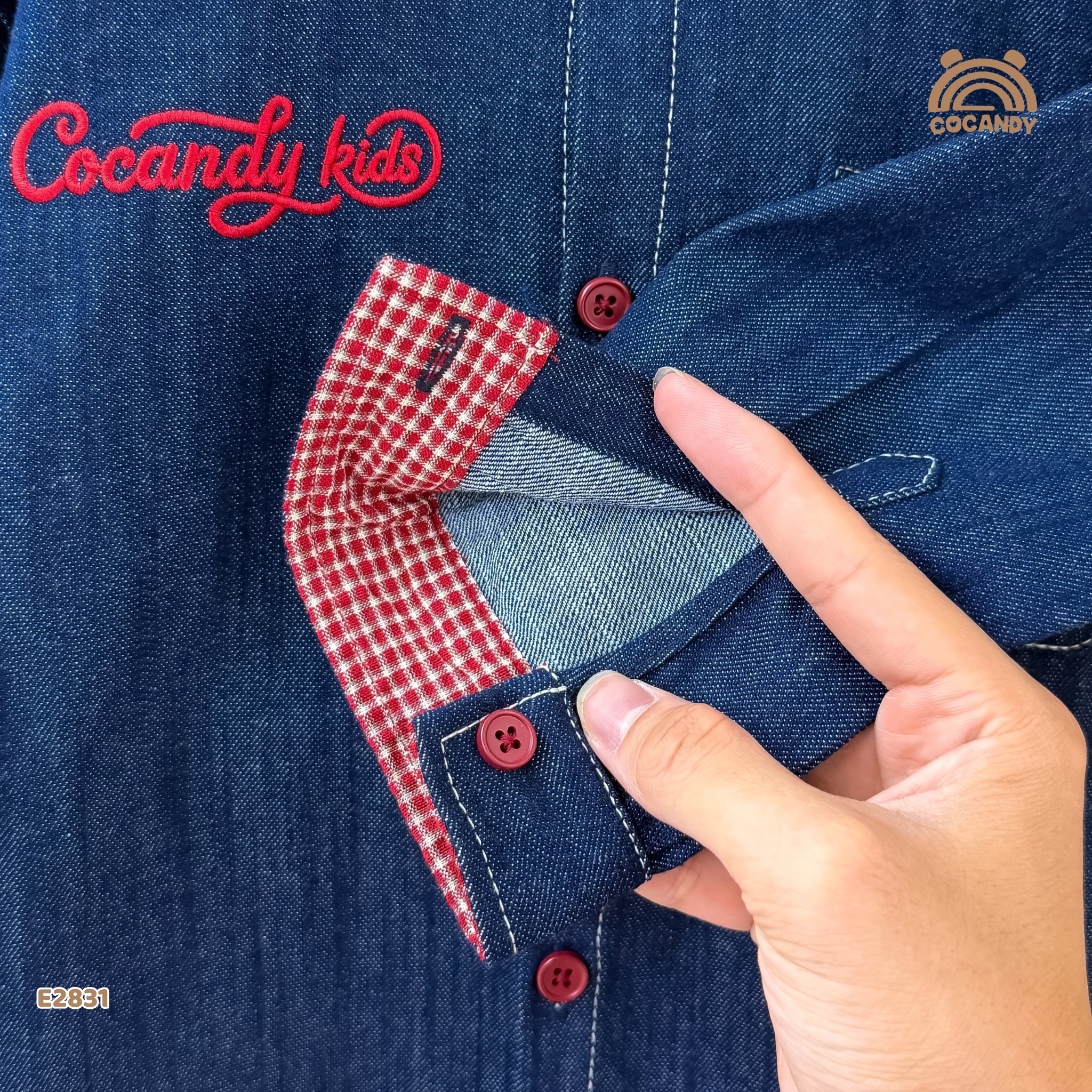 Áo dài sơ mi XANH jeans phối caro đỏ_thumbnail_5
