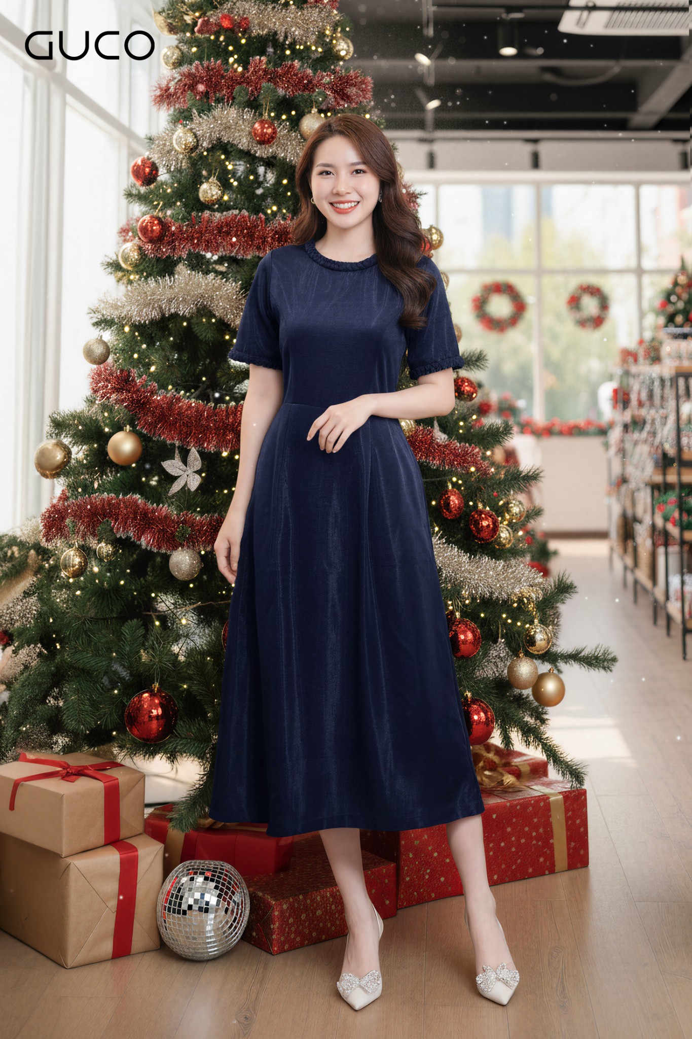 ĐẦM  A CỔ TRÒN TAY THẮT BÍM - XANH  ĐEN