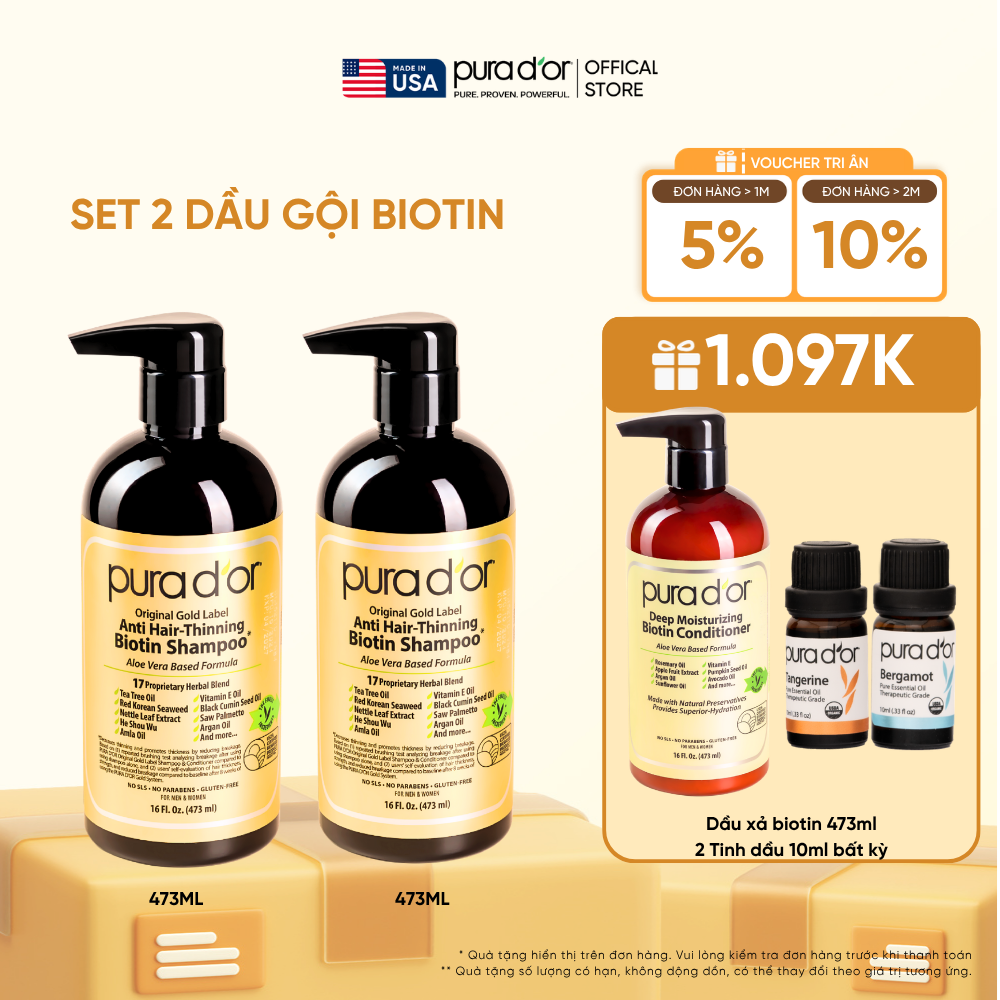 Set 2 Dầu Gội Biotin Pura D'or Original Gold Label Chăm Sóc Da Đầu, Giảm Rụng Tóc, Hỗ Trợ Mọc Tóc 473ml