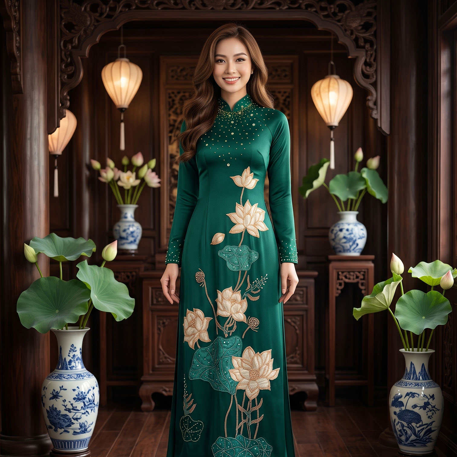 Áo Dài Mẹ Cô Dâu Chú Rể Xanh Rêu Thêu Hoa Sen Cao Cấp AM26-14