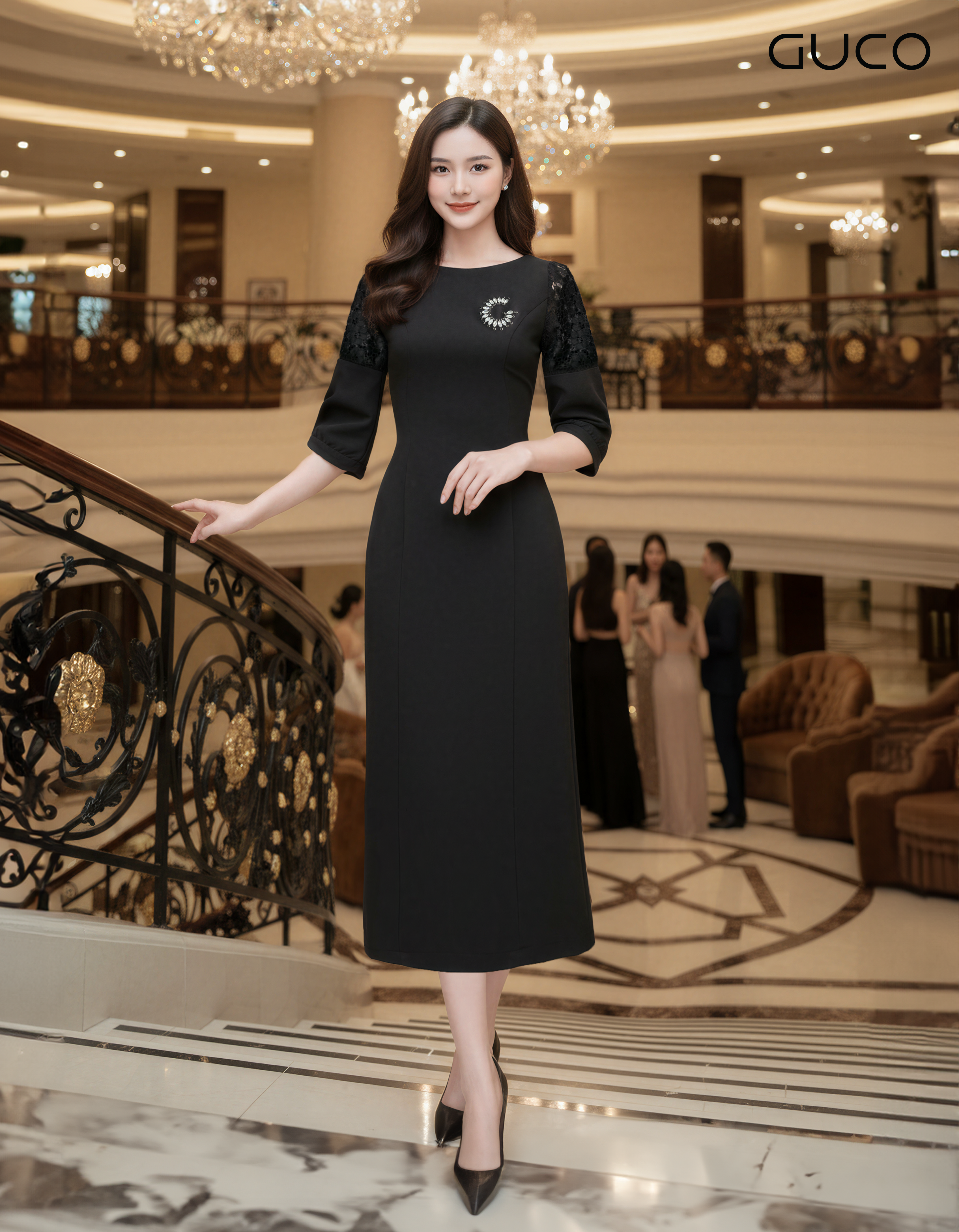 GUCO Đầm Đen Tay Ren Đính Đá_thumbnail_2