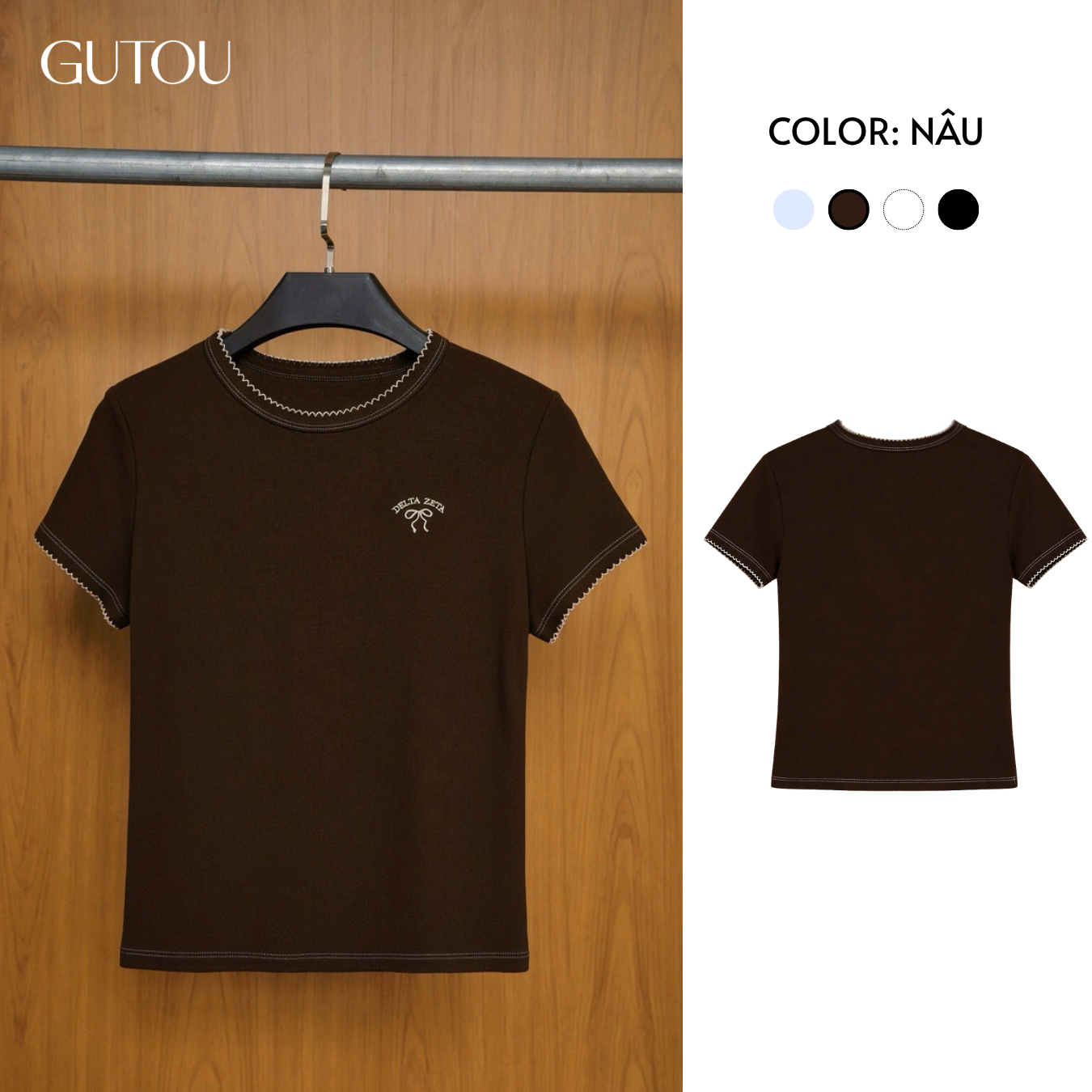 [ GUTOU ] Áo Thun Nữ Tay Ngắn Ôm Dáng Viền Chỉ Phối Màu Basic_thumbnail_3