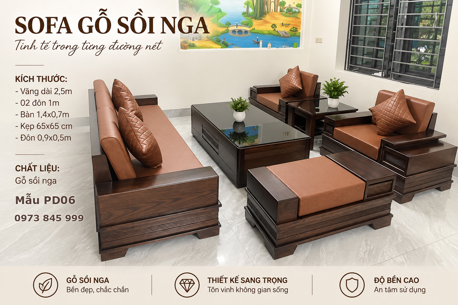 Sofa đối chân pháo màu óc chó, đệm màu cam