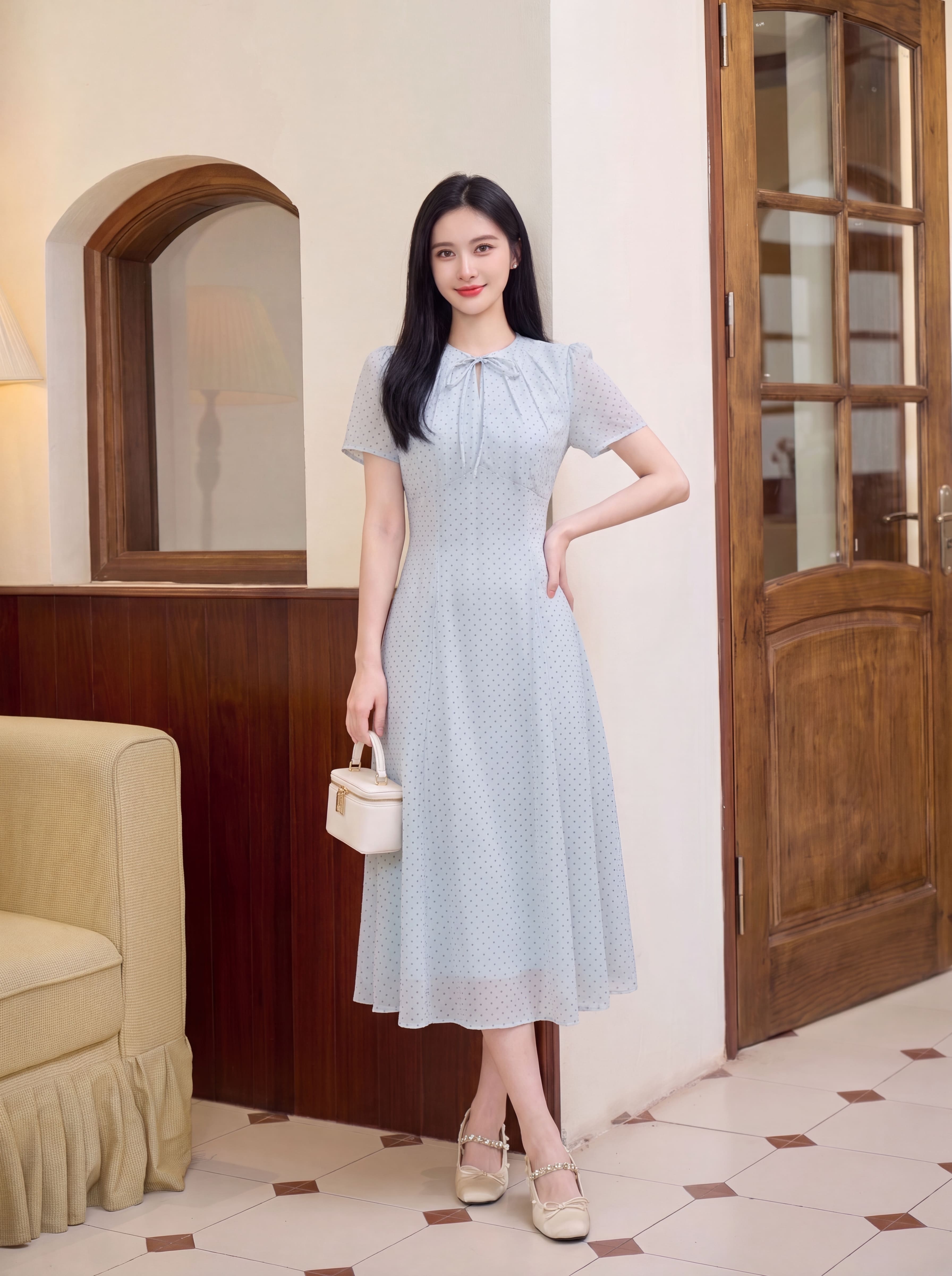 Váy cộc tay cổ thắt nơ 607010_thumbnail_2