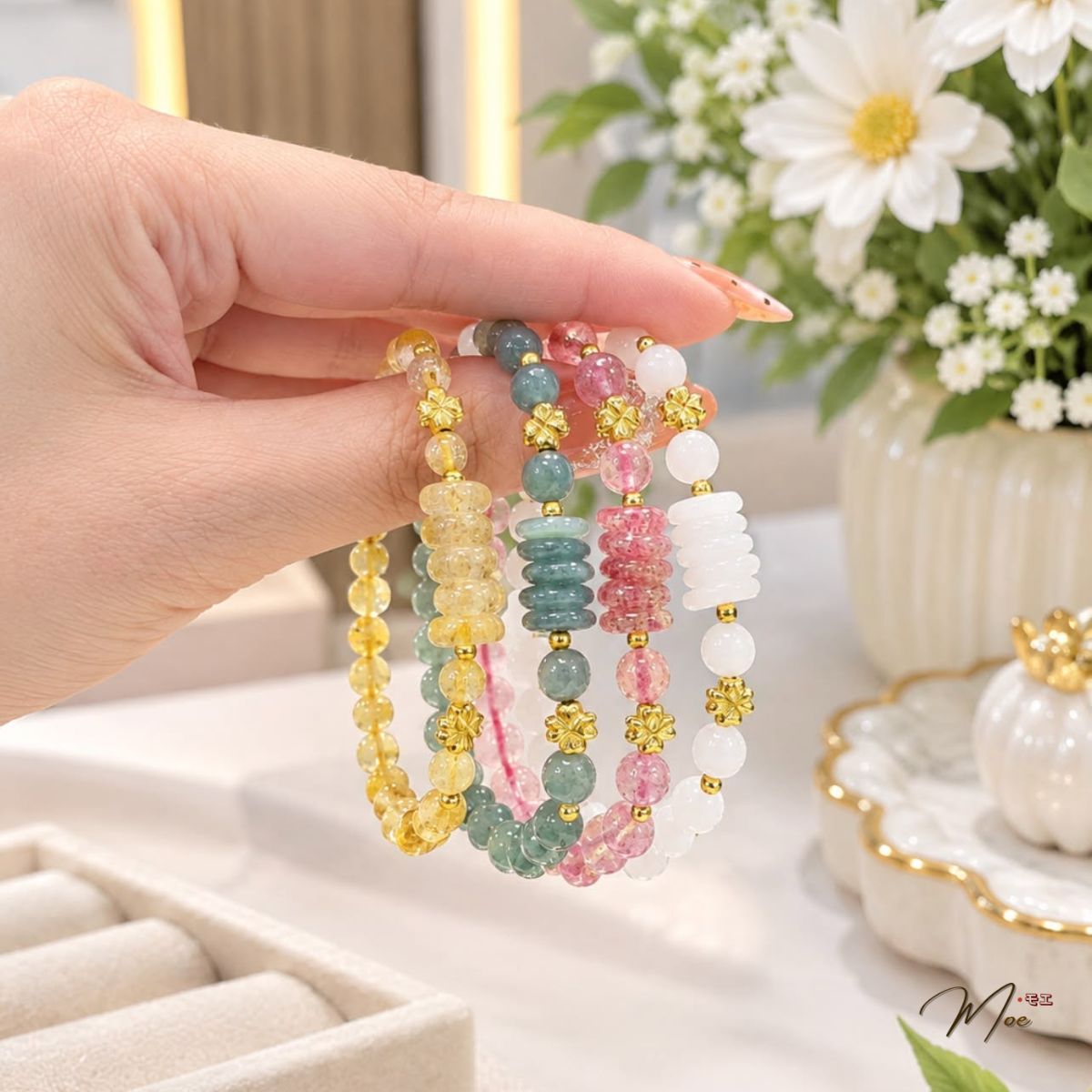 PT223 - Lắc tay Ngũ điếu Cỏ 4 lá xi vàng (nhiều loại đá)_thumbnail_1