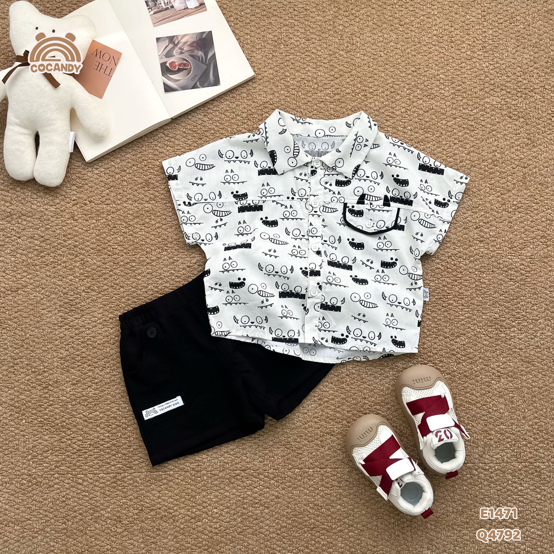 Áo cộc sơ mi BE họa tiết icon phối túi kiểu cute