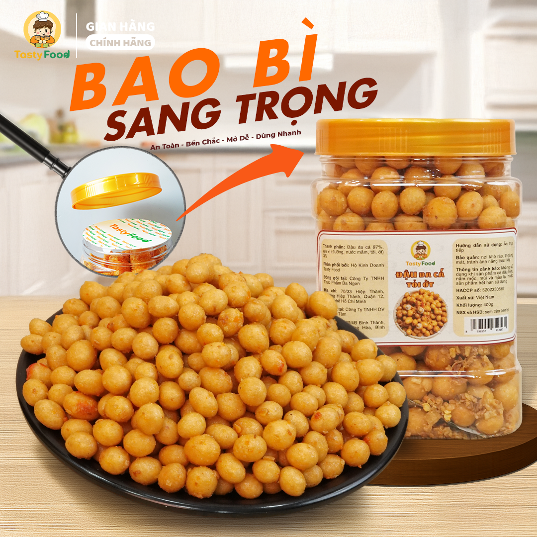 Đậu phộng da cá tỏi ớt Tasty Food - Hũ vuông nhỏ 500g