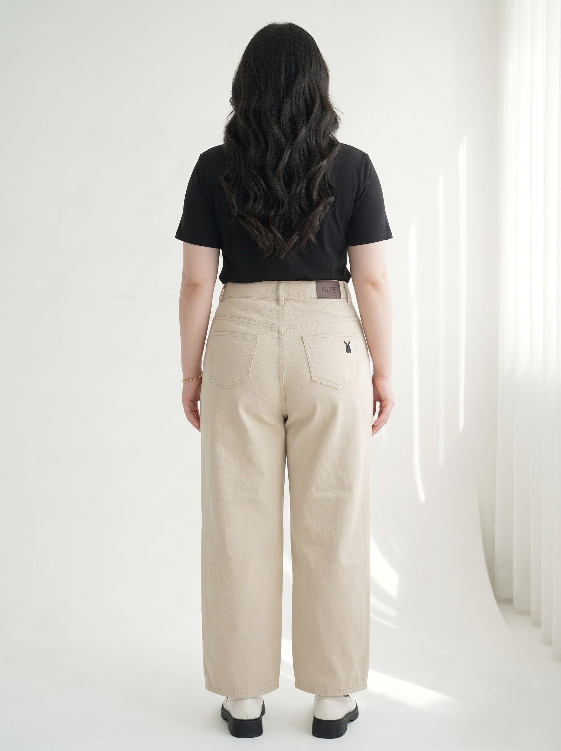 Quần Jean Ống Suông Nấm Thêu Thỏ Bigsize Cạp Cao Không Co Giãn - Be, Đen, Trắng - Vừa 55–90kg - T-QJ5045_thumbnail_2