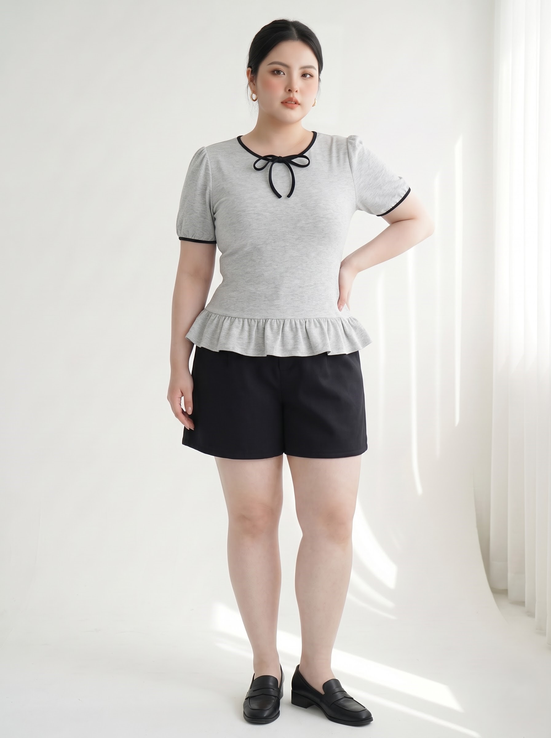Áo Thun Nhún Bèo Phối Nơ Bigsize Form Peplum Tạo Eo Mềm Che Bắp Tay - Xám - Vừa 55-95kg - V-AK103