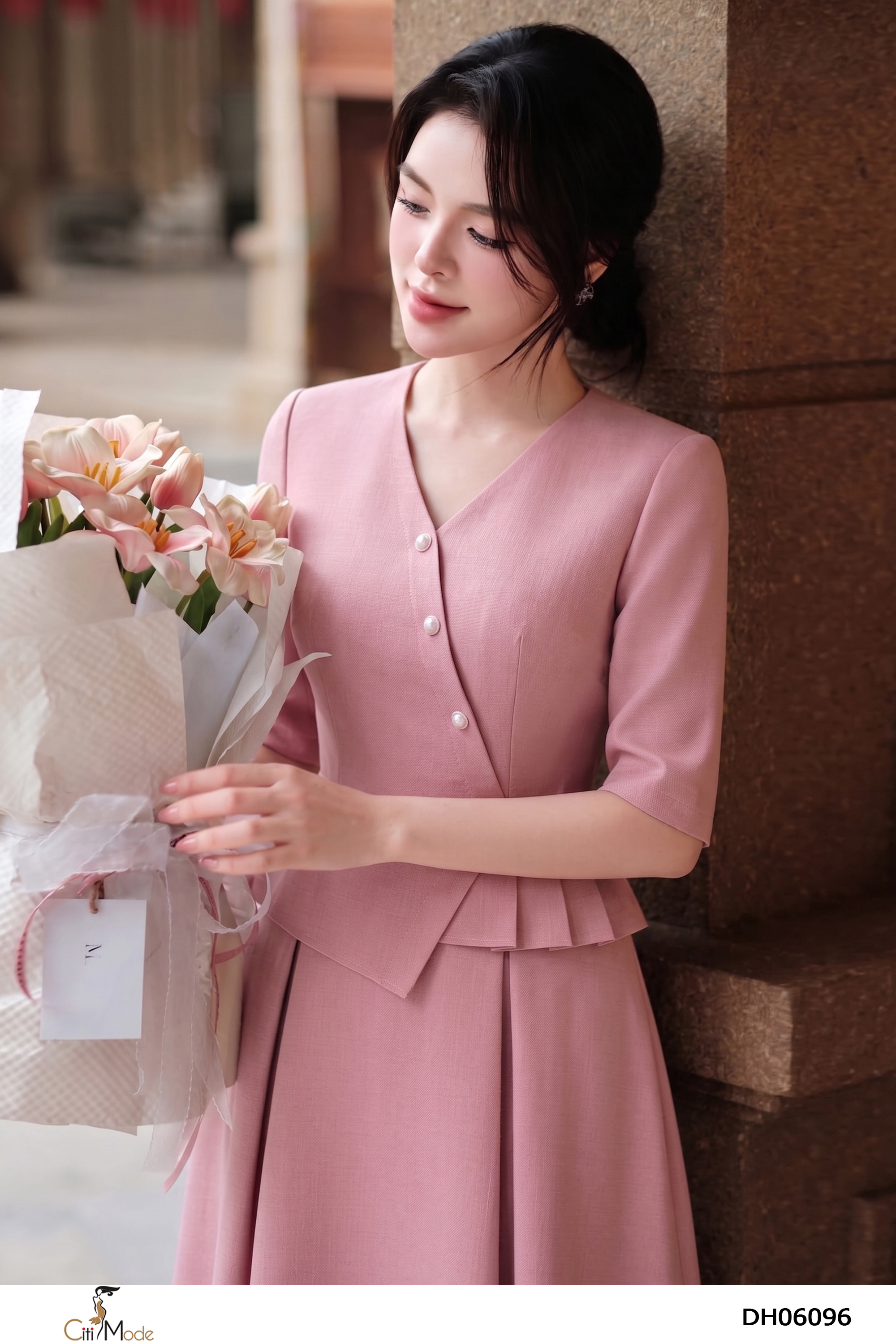 Đầm xòe  peplum hồng cổ V tay lỡ_thumbnail_3