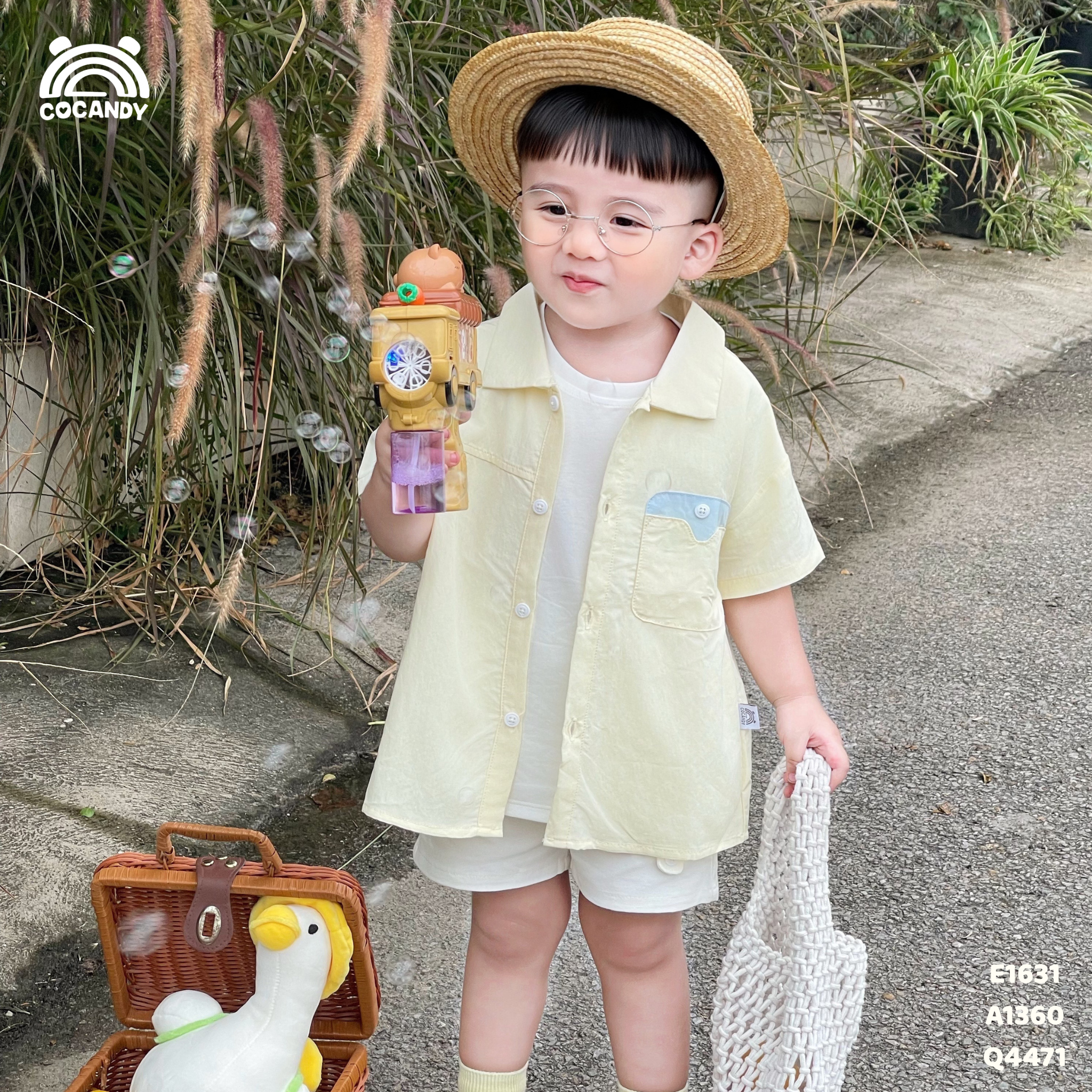 Áo cộc sơ mi VÀNG phối túi nẹp xanh