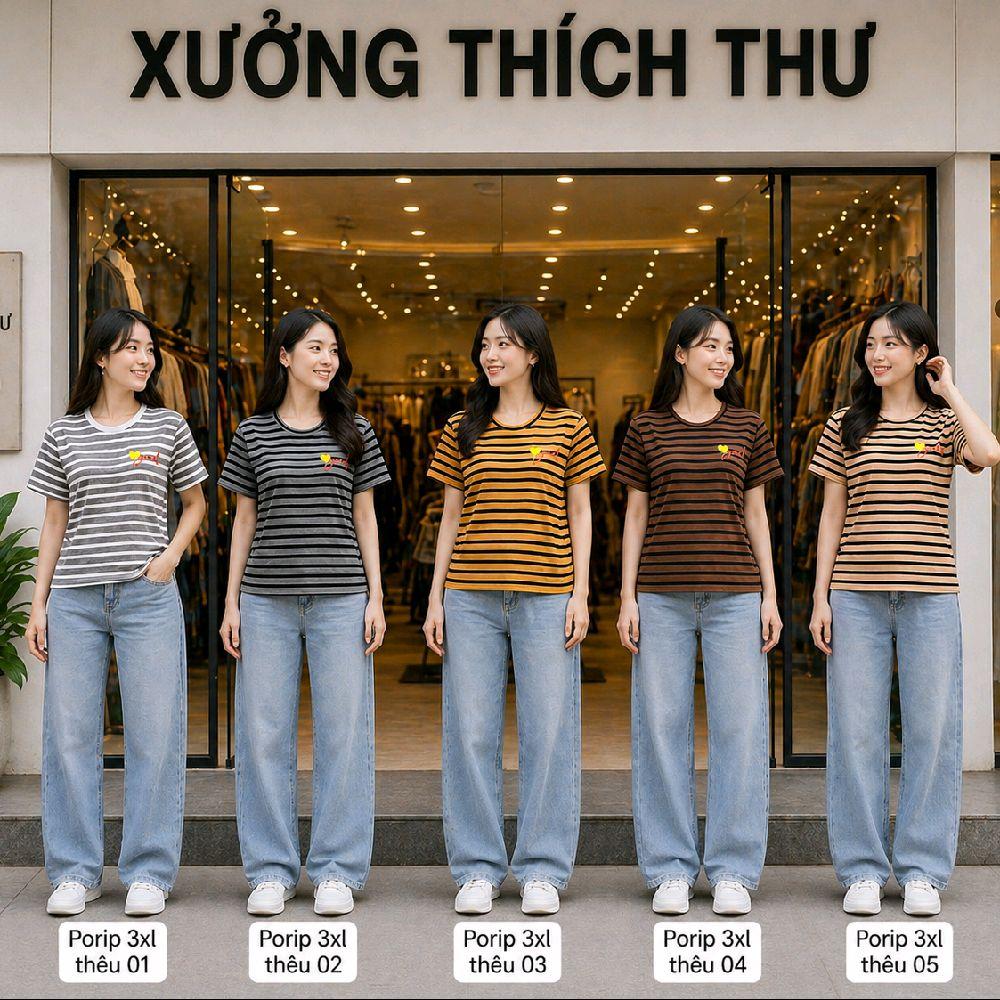 Áo thun borip sọc ngang thêu Free size 50-75kg  không lựa màu