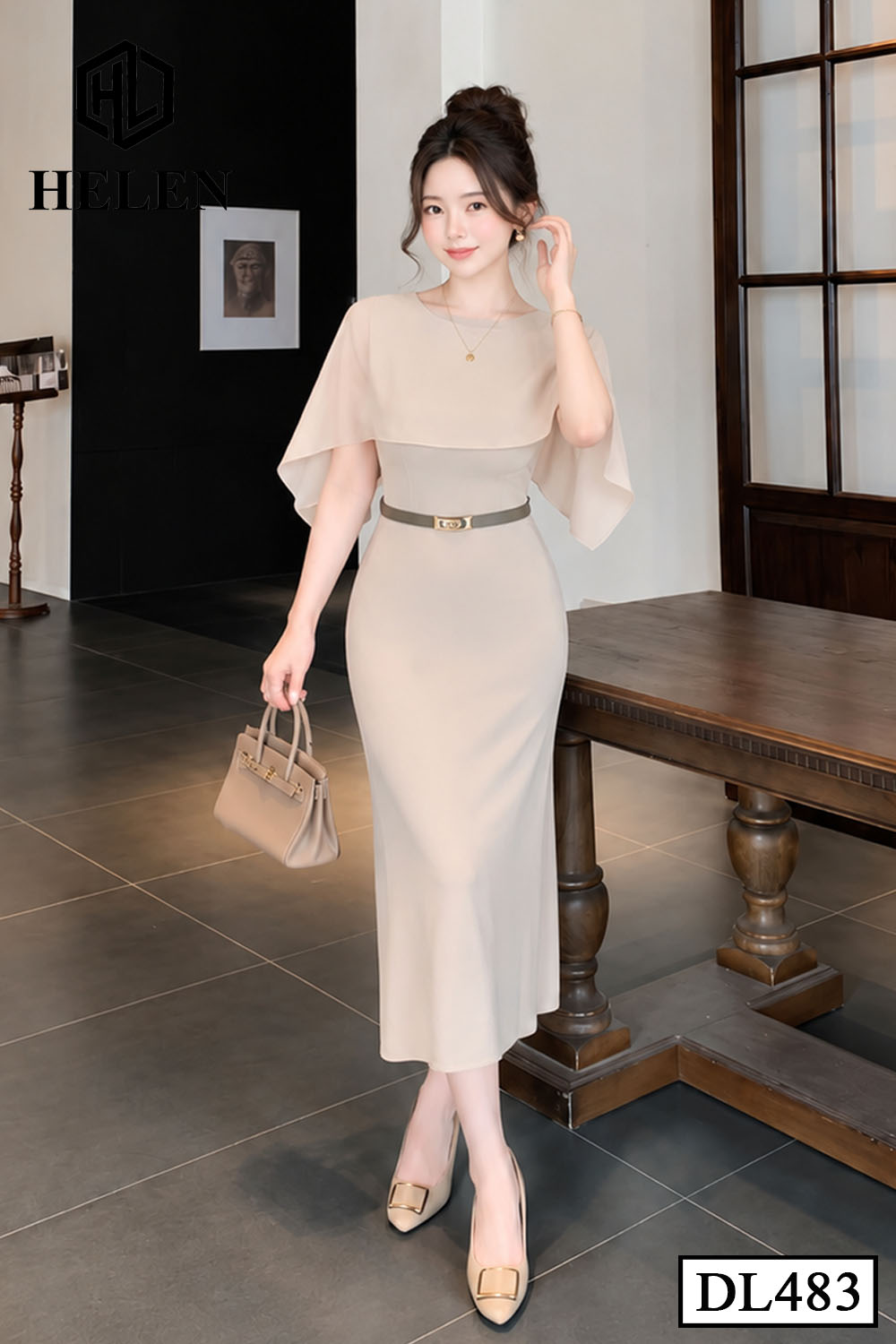 Đầm ôm cổ thuyền phối tơ màu kem DL483