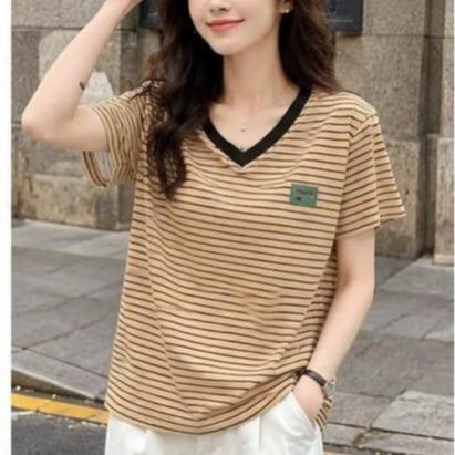 Áo Thun Cổ Tim Sọc ngang Free Size 45-75kg Co Giãn 4 Chiều Tôn Dáng Mềm Mịn Thoáng Mát Dễ Phối Phong Cách Borip Quảng Châu Chất Liệu Cao Cấp