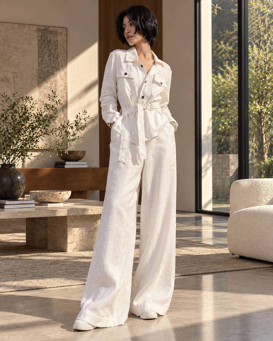 Set Trắng Cổ Vest Thắt Eo Ống Rộng Thanh Lịch - MS088
