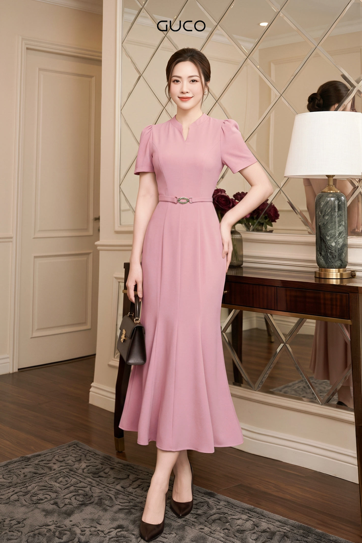 Đầm Đuôi Cá Hồng Pastel Phối Đai Eo -5261