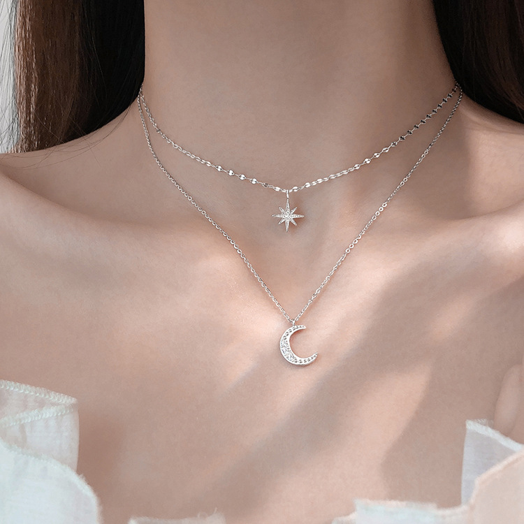 Dây chuyền hai lớp hình trăng sao lấp lánh bạc kiểu Hàn Quốc, dây chuyền đeo xương quai xanh dành cho nữ, thiết kế tinh tế và sang trọng