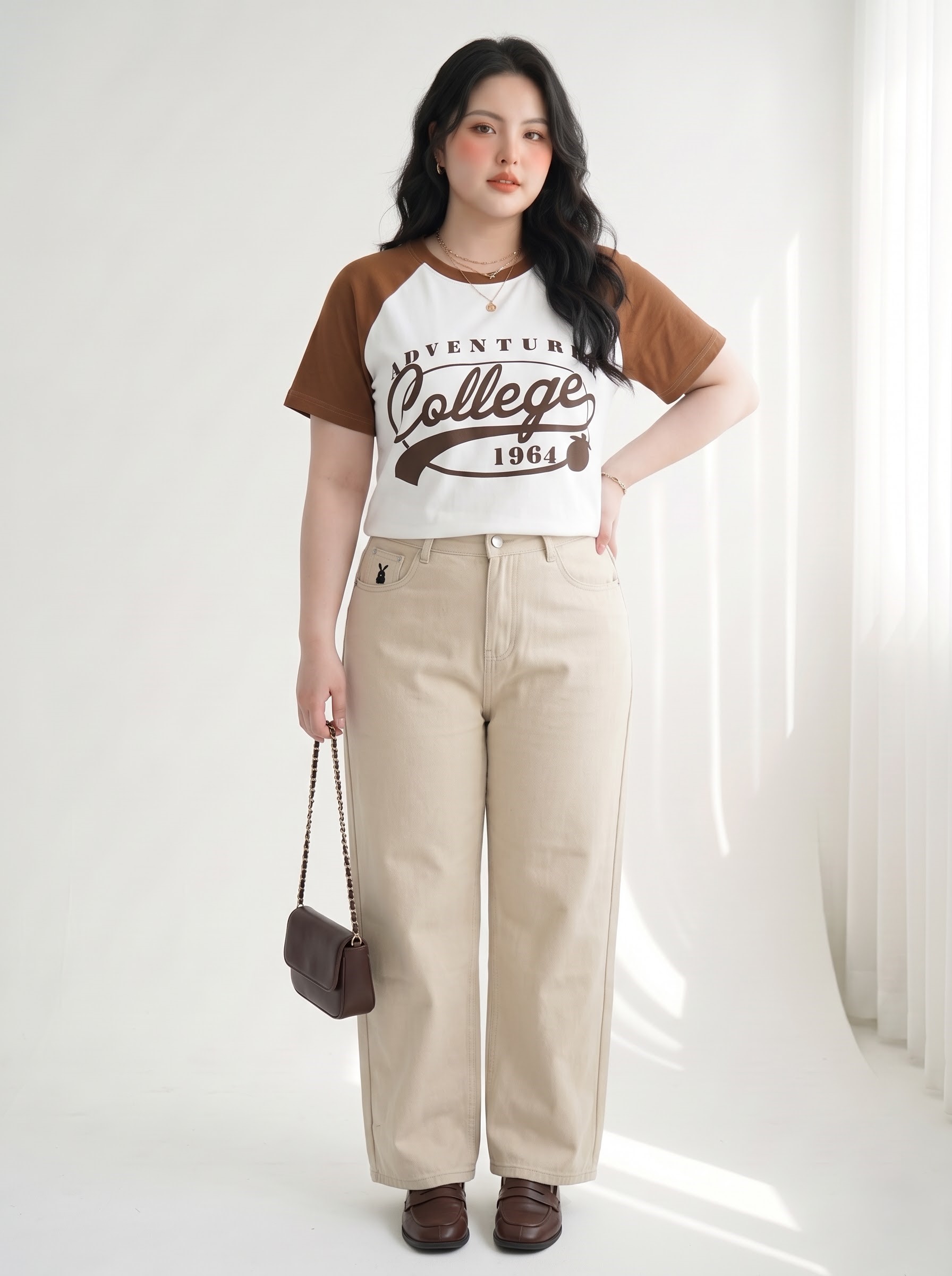 Áo Thun Raglan Phối Màu In Chữ Bigsize Nữ Form Ngắn Cotton Co Giãn - Trắng Nâu - Vừa 55–90kg - V-AK120