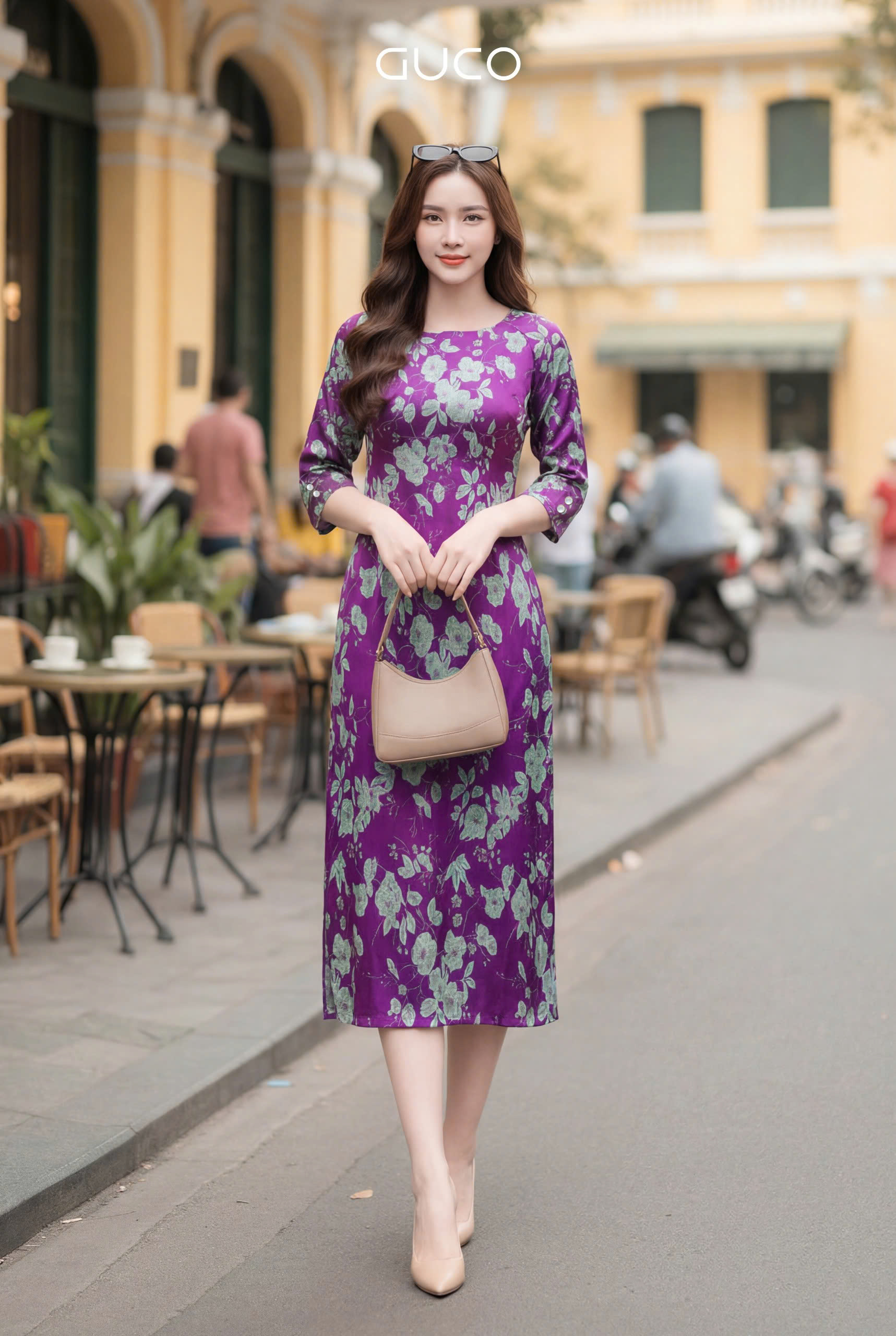 GUCO Đầm Hoa Xanh Nền Tím Thanh Lịch_thumbnail_1