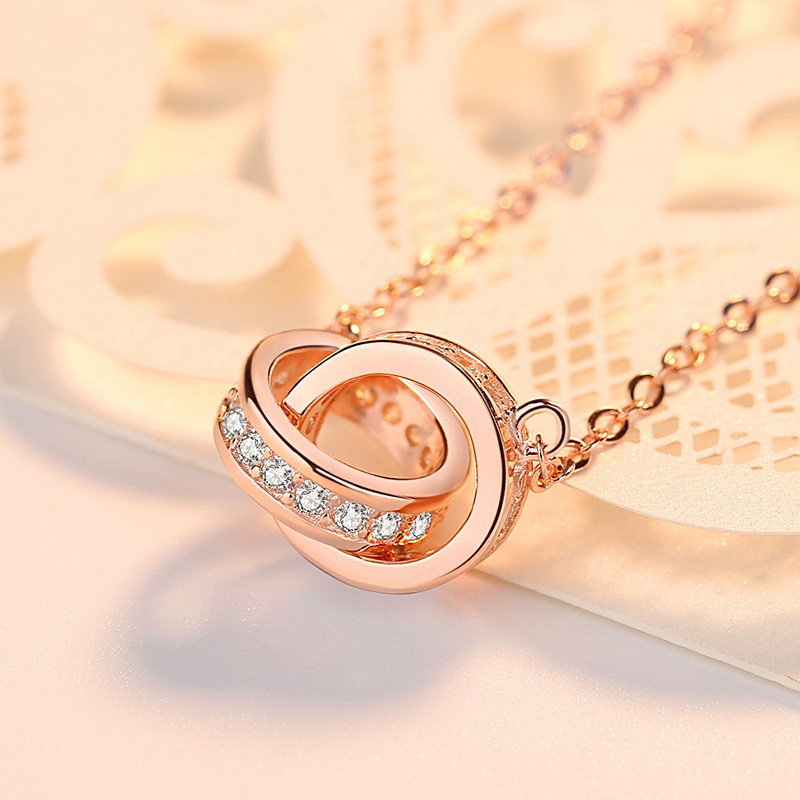 Dây Chuyền Bạc S925 Mẫu Vòng Tròn Đôi Đính Đá Zircon Tinh Xảo HTT037T Trắng - Vàng hồng