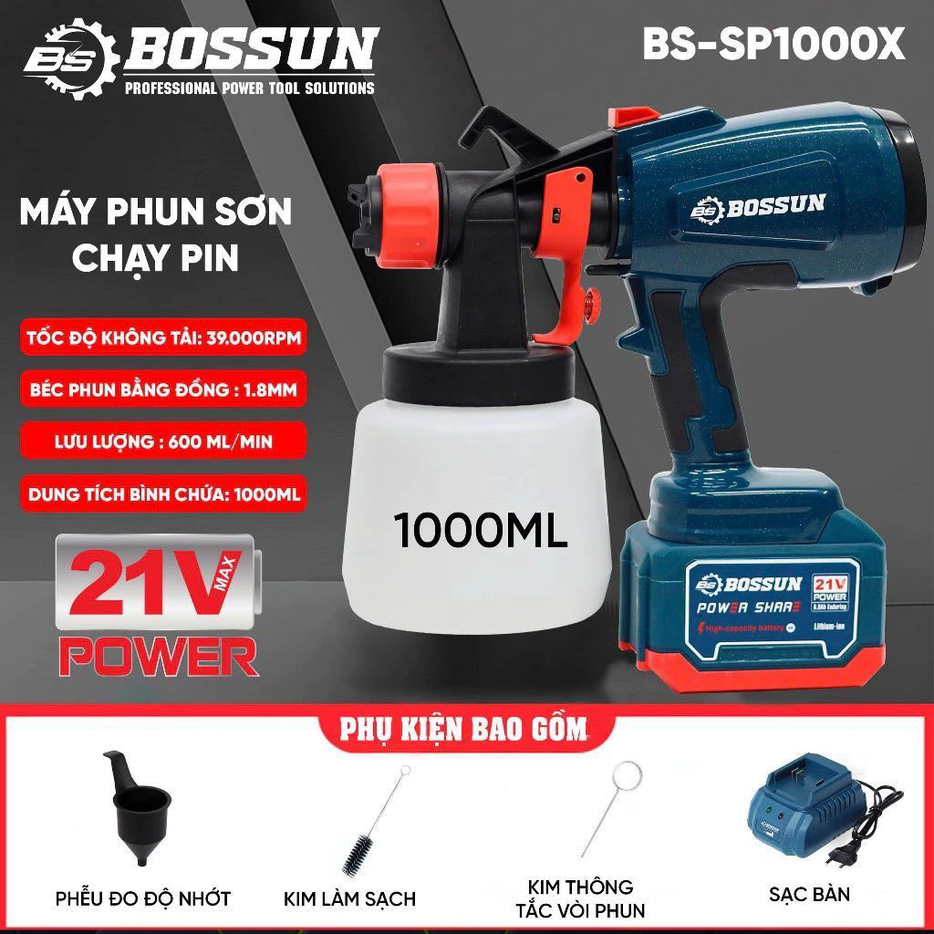 Máy Phun Sơn Pin BOSSUN BS450 450W – Bình Sơn 1000ml, Phun Sơn Cầm Tay Đa Năng