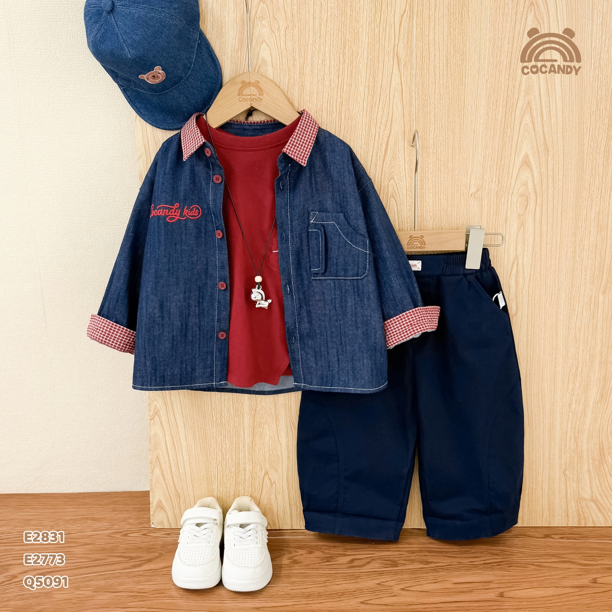 Áo dài sơ mi XANH jeans phối caro đỏ_thumbnail_2