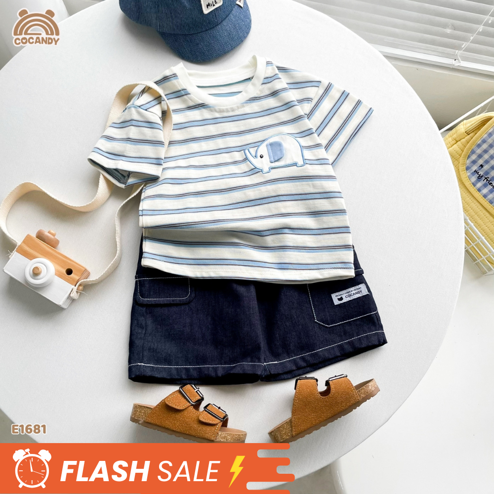 Áo cộc cotton kẻ XANH hình voi