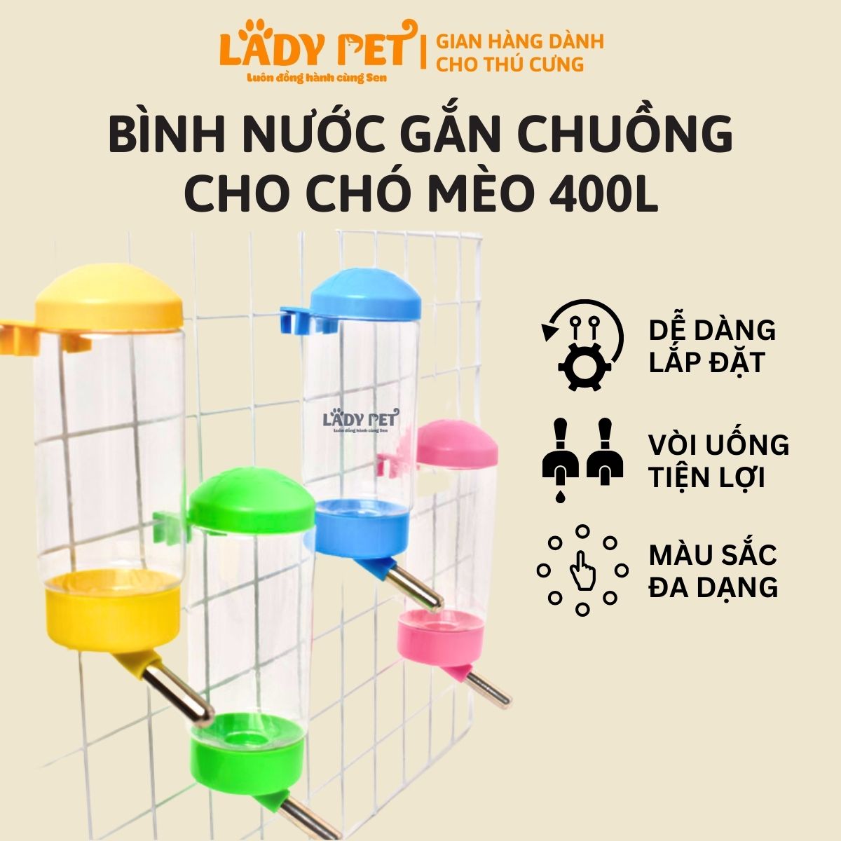 Bình nước gắn chuồng tự động cho chó mèo 400ml