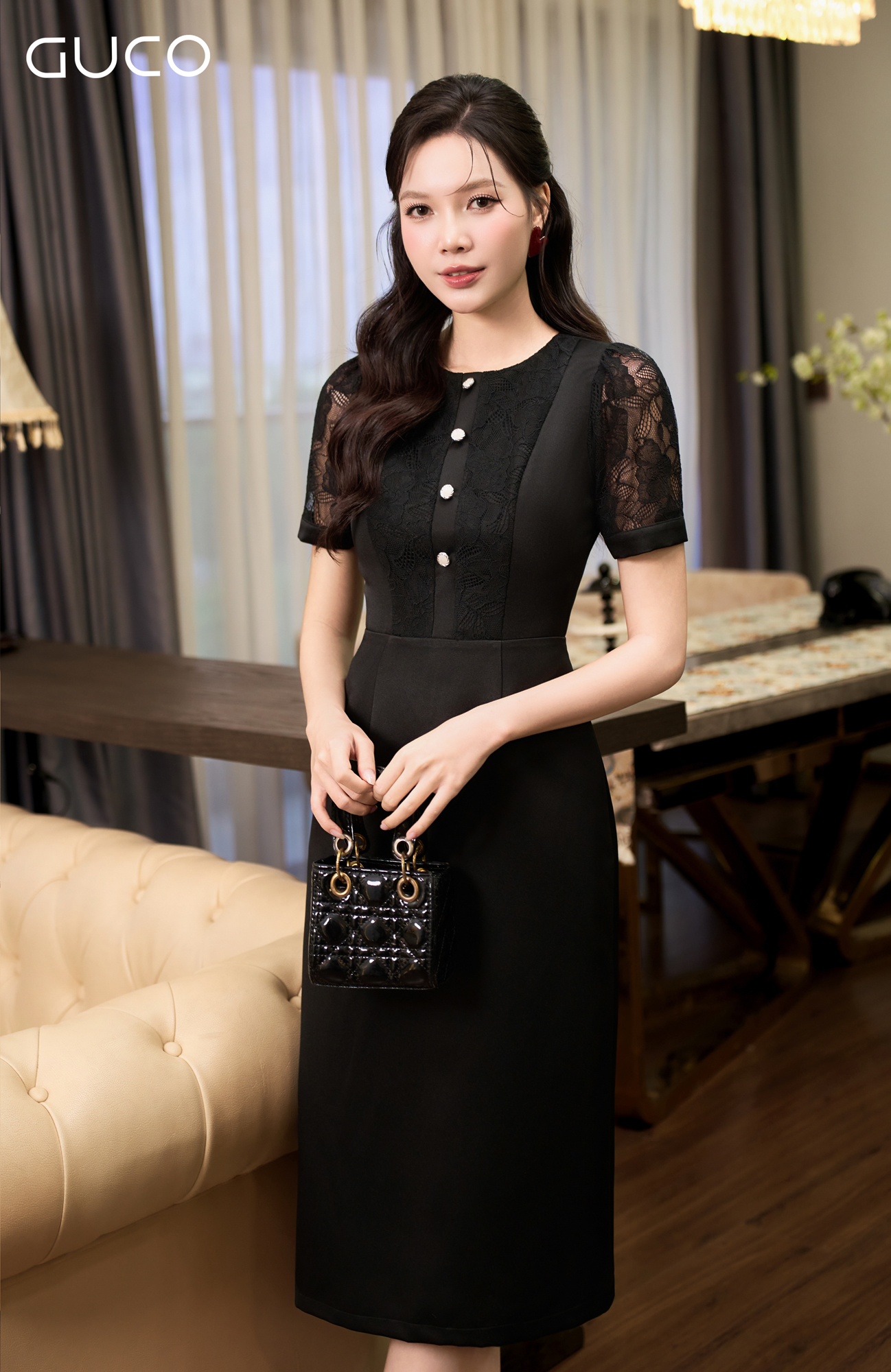 ĐẦM A DỰ TIỆC PHỐI REN ĐÍNH NÚT - ĐEN