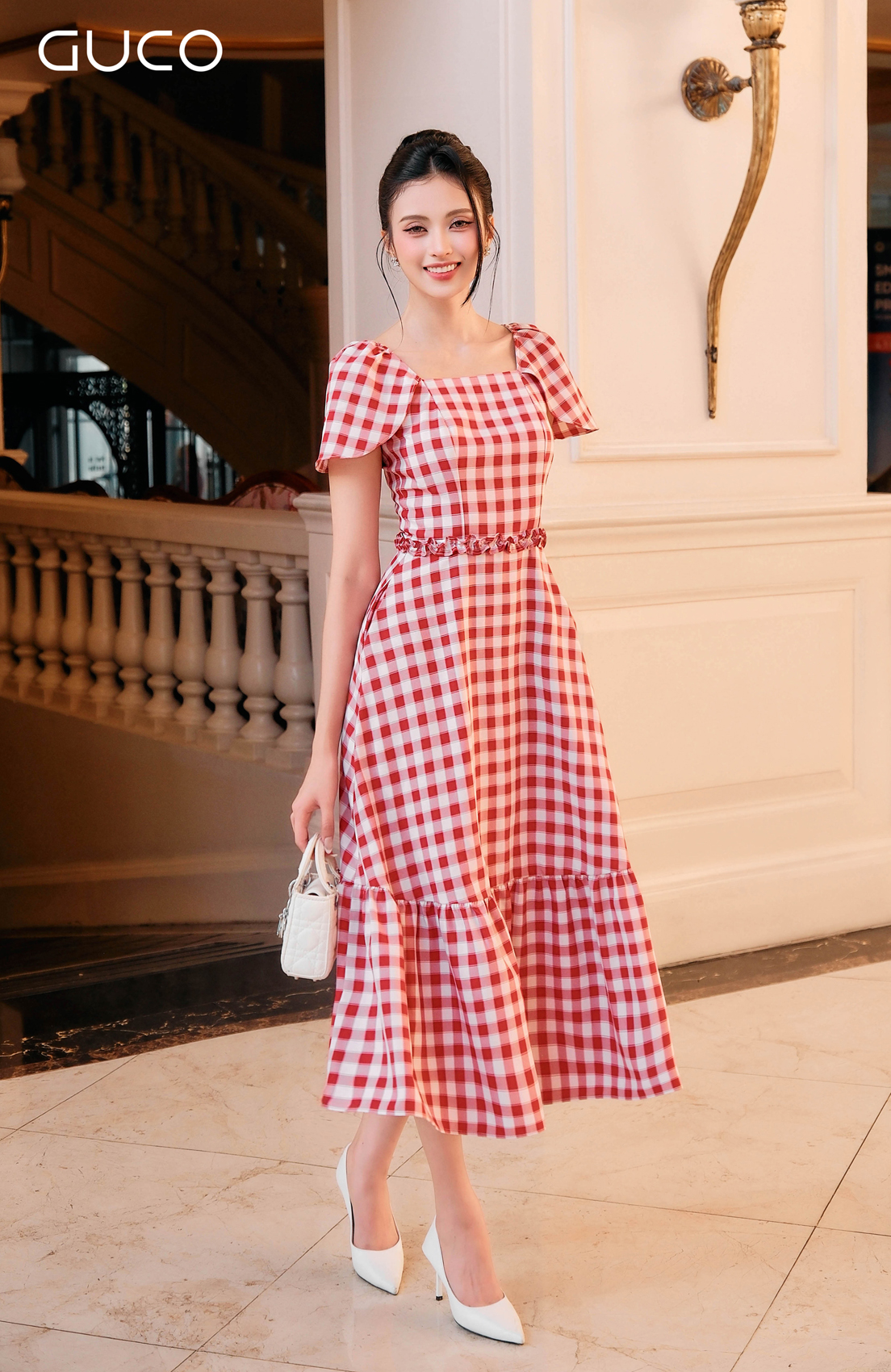 GUCO Đầm Maxi Caro Đỏ Nàng Thơ