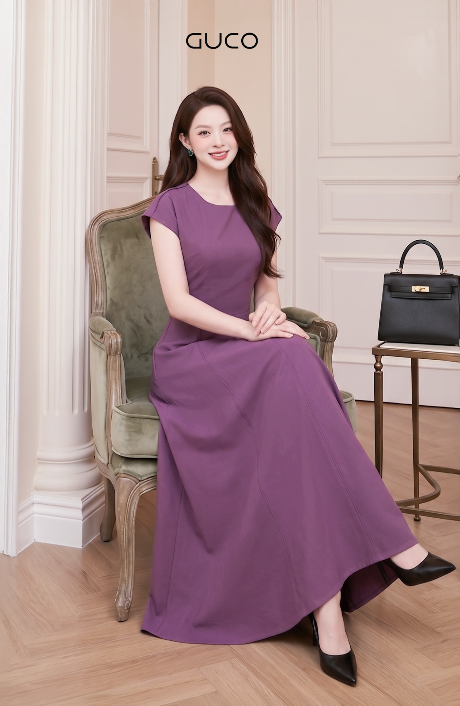 Đầm Maxi Tím Chiết Eo Xếp Ly Tay Cánh Tiên_thumbnail_3