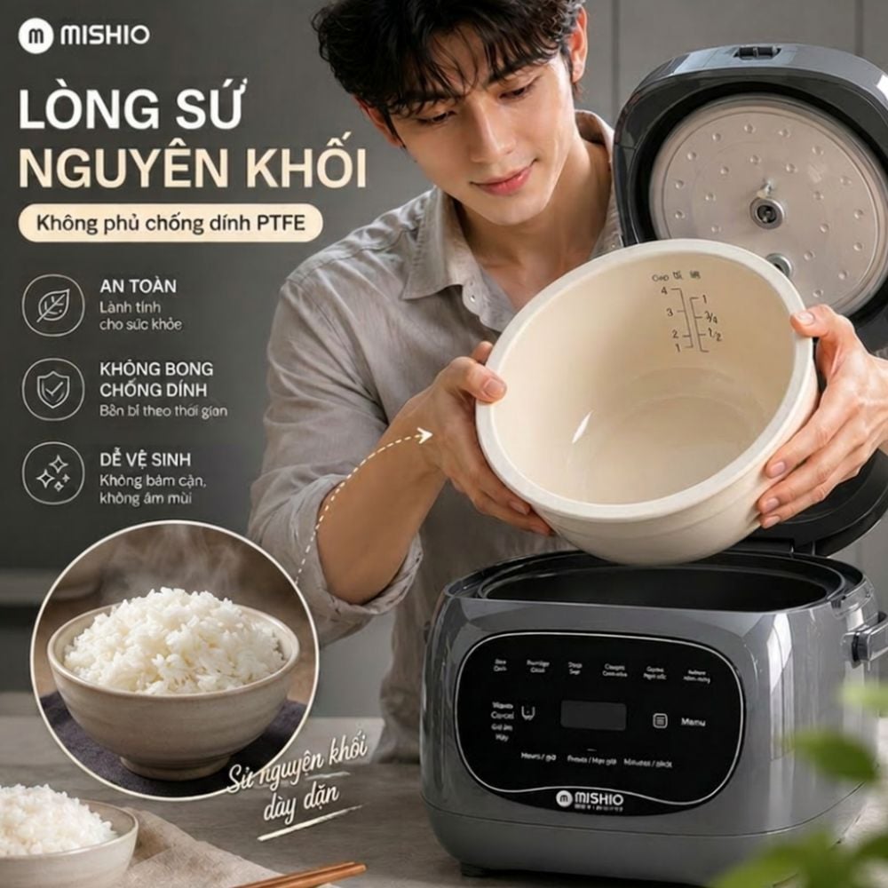 Nồi cơm điện sứ dưỡng sinh Nhãn hiệu: MISHIO, Model: MK-381