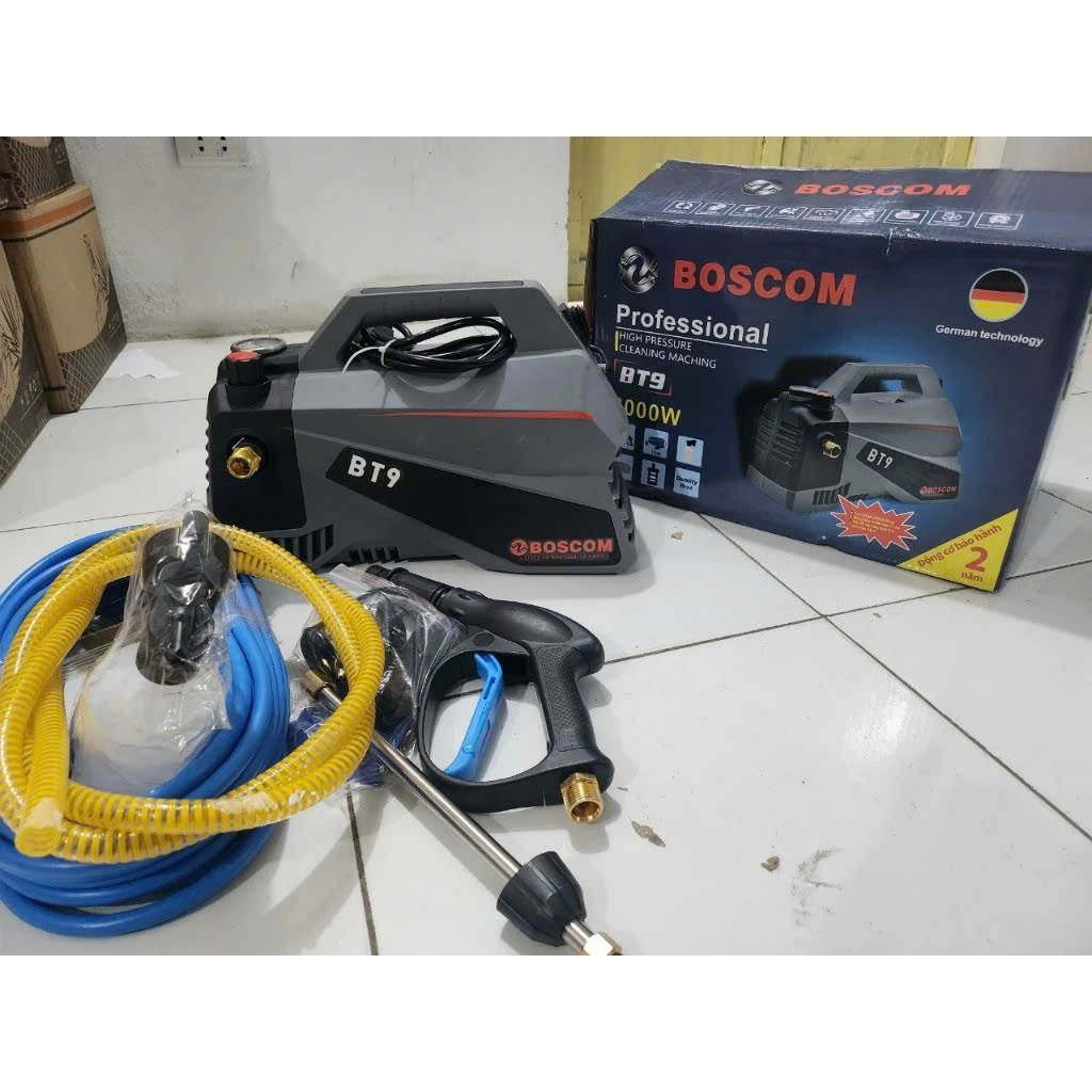 Máy rửa xe Boscom BT9 3000w - Chính hãng , máy rửa xe áp lực cao có chỉnh áp, máy rửa xe mini dây dài 15m - Giá rẻ