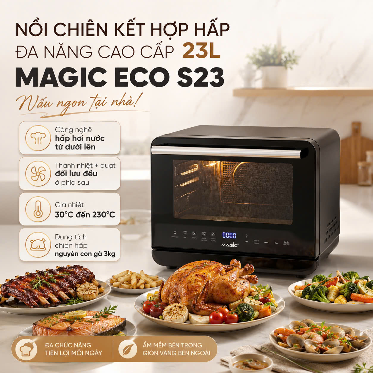 NỒI CHIÊN KHÔNG DẦU KẾT HỢP HẤP Magic Eco