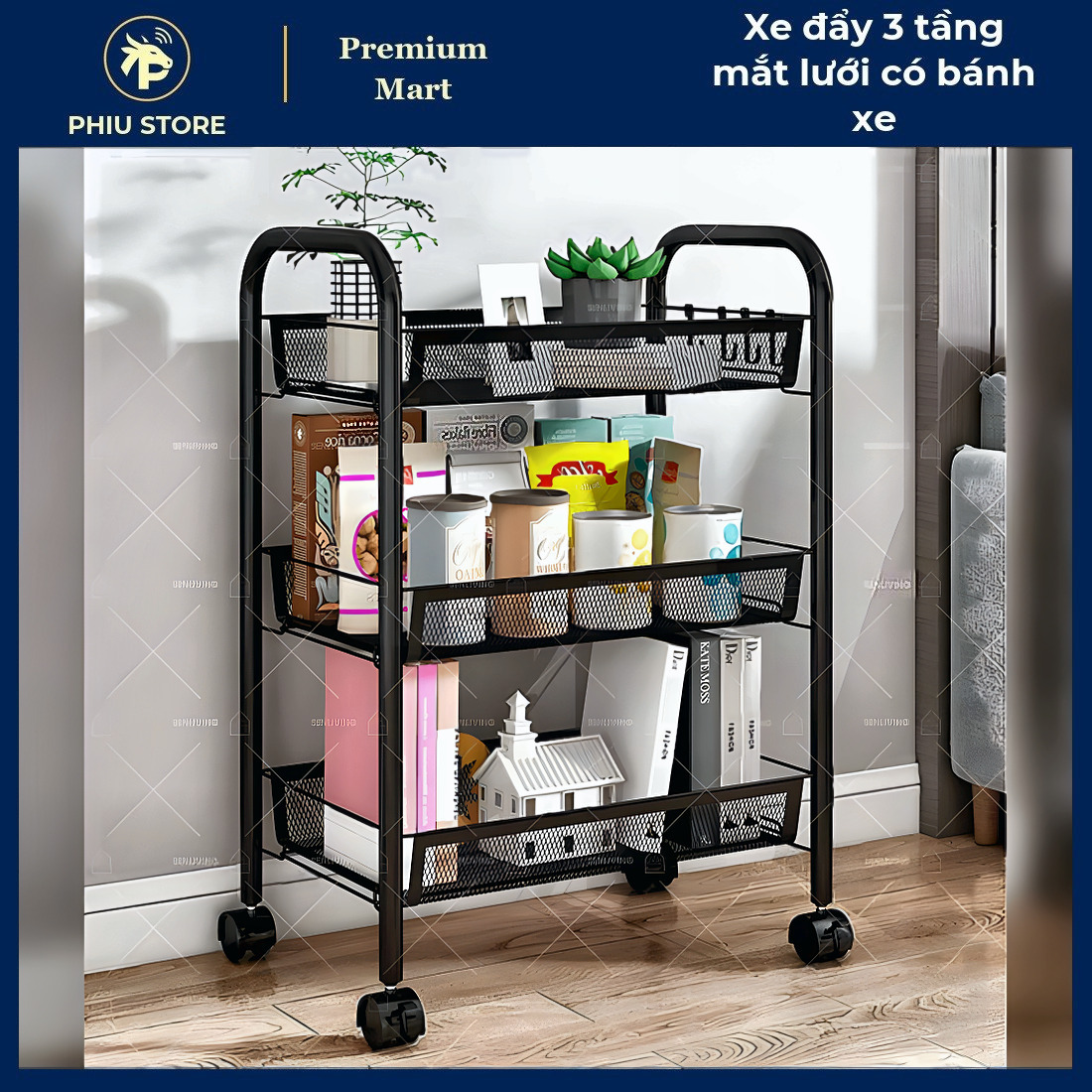 Kệ Để Đồ có Bánh Xe - Xe Đẩy 3 Tầng Mắt Lưới có Bánh Xe, Kệ Để Đồ 3 Tầng có Bánh Xe - PHIU STORE_thumbnail_2