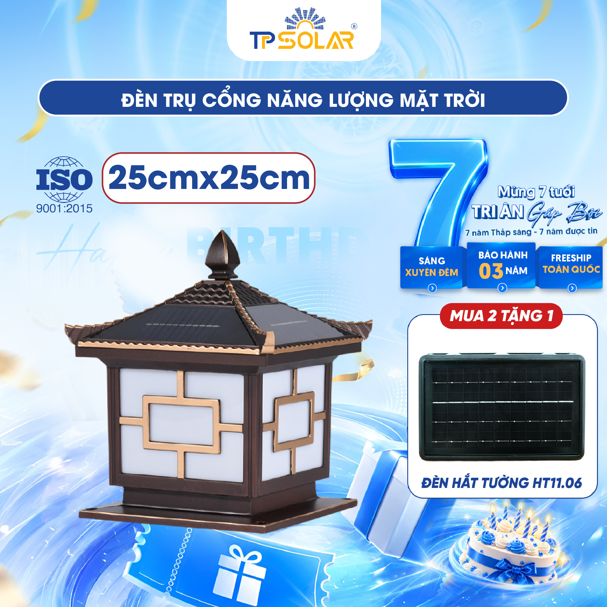 Đèn trụ cổng mái ngói năng lượng mặt trời TP SOLAR TC01