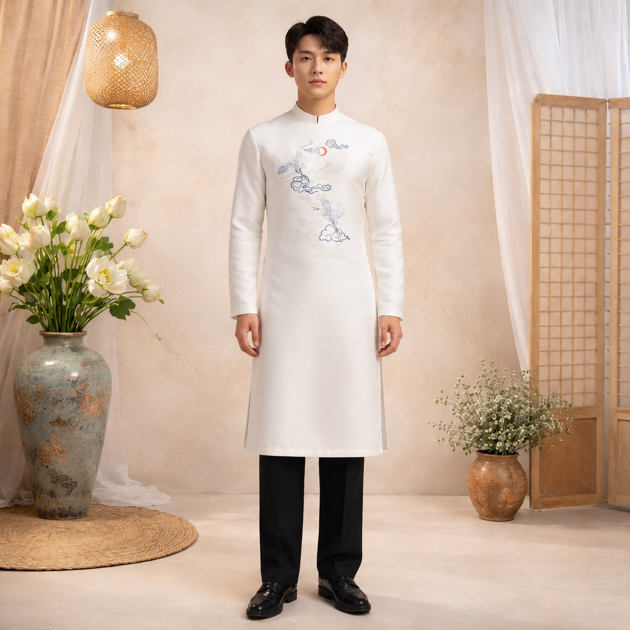 Áo Dài Nam Cách Tân Taffeta Thêu Hạc Vân Sơn Thủy NA26-22_thumbnail_5