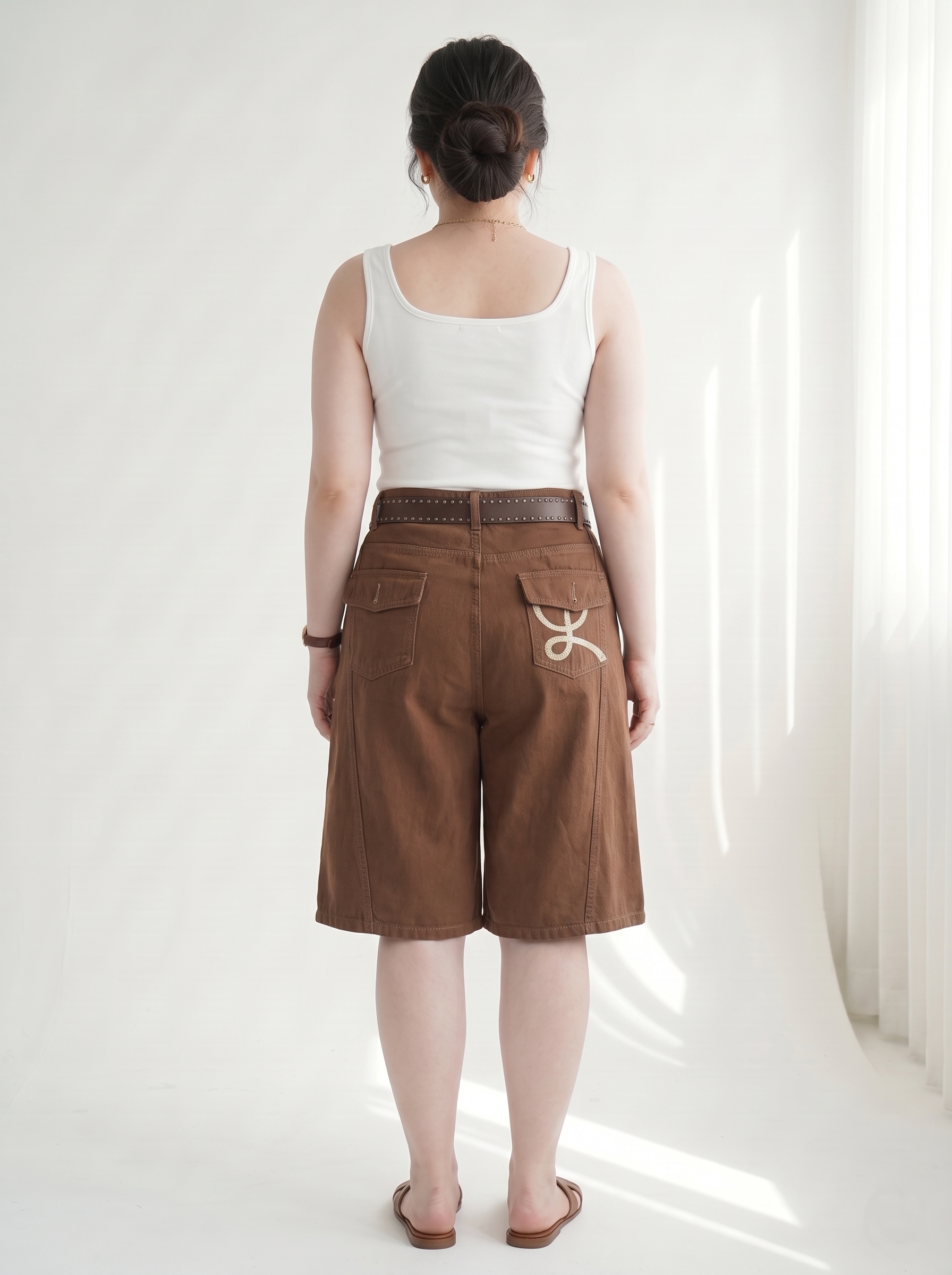 Quần Lửng Kaki Jean Túi Hộp Thêu Bigsize Lưng Cao Ống Rộng - Nâu, Trắng - Vừa 55-90kg - T-QSJ74_thumbnail_2