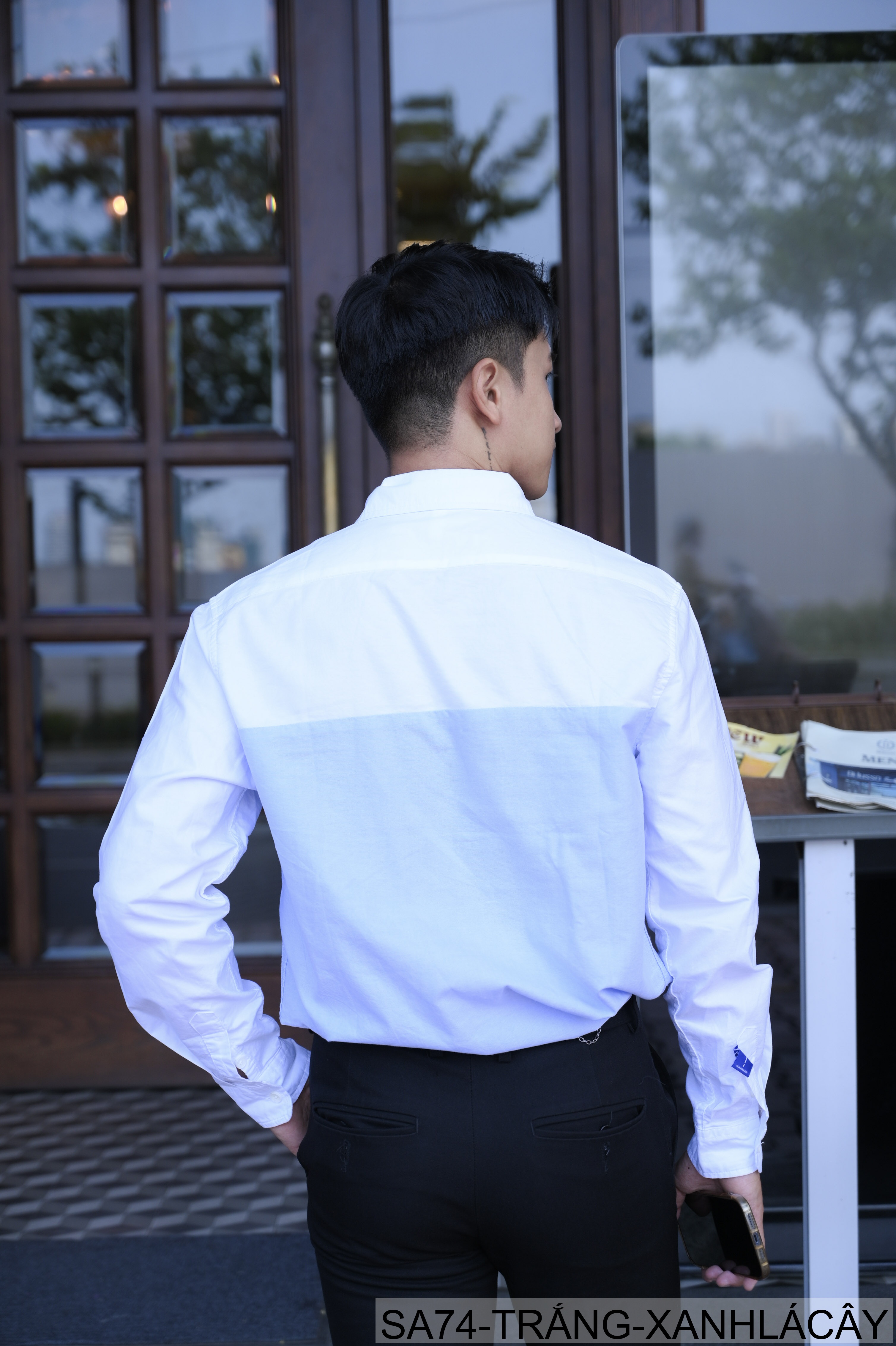 SA74 - Áo sơ mi nam dài tay Oxford kiểu Nhật, form rộng, chất cotton 100%, phối màu trắng xanh lá/xám_thumbnail_3