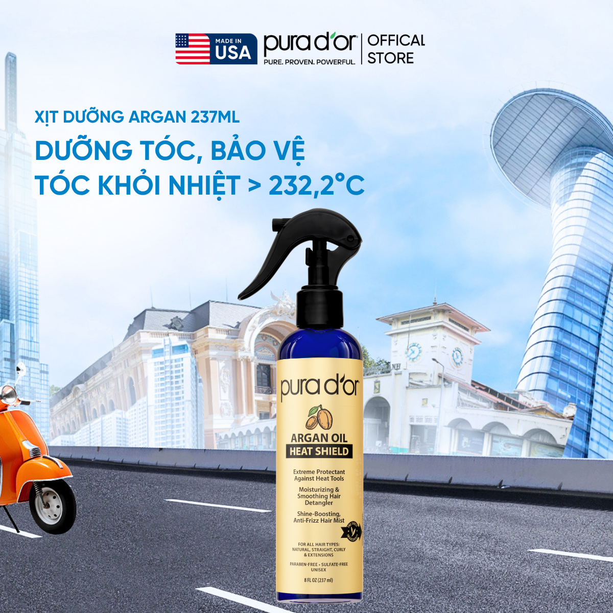 Xịt Dưỡng Giúp Bảo Vệ Tóc Khỏi Nhiệt Pura D'or Argan Oil Heat Shield Chiết Xuất Thiên Nhiên 237ml