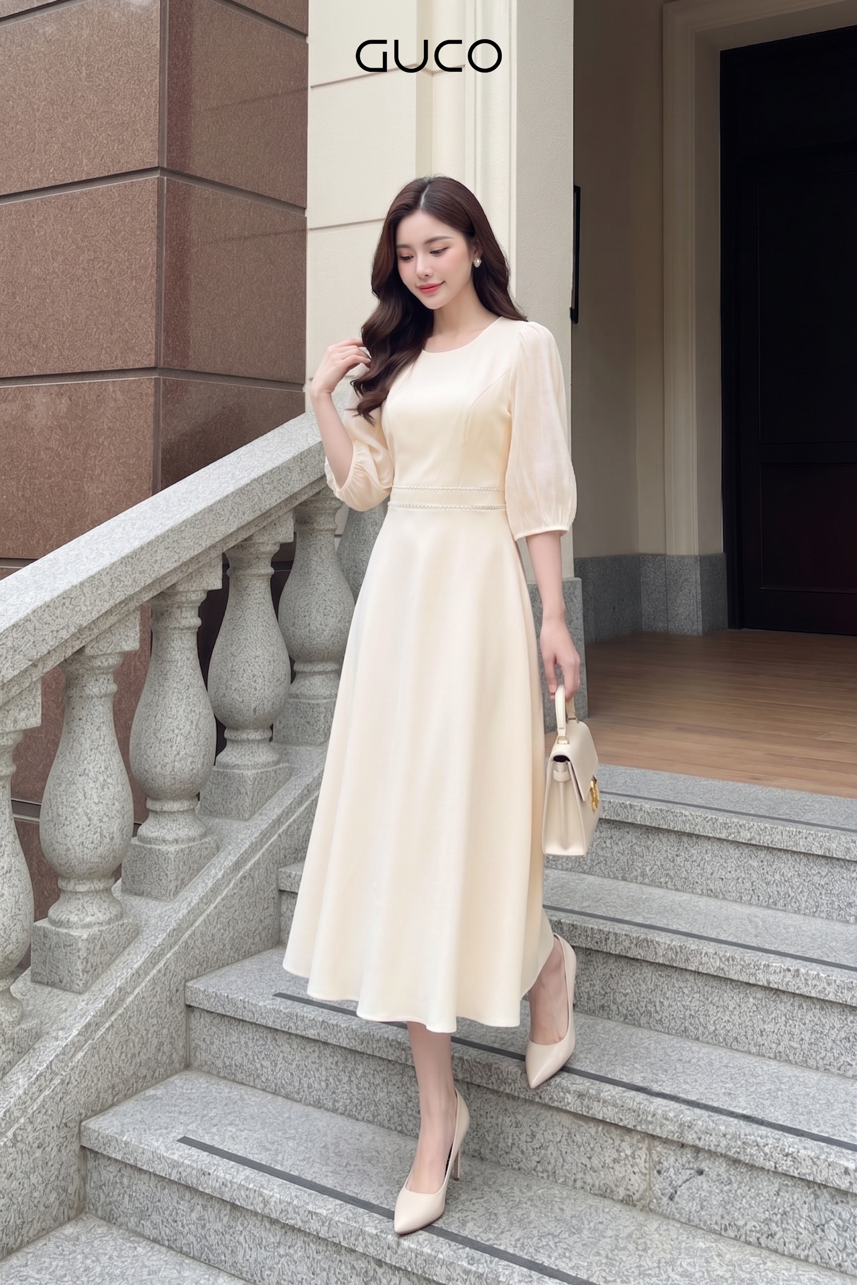 Đầm Xòe Kem Tay Voan Viền Ren Eo - 5174