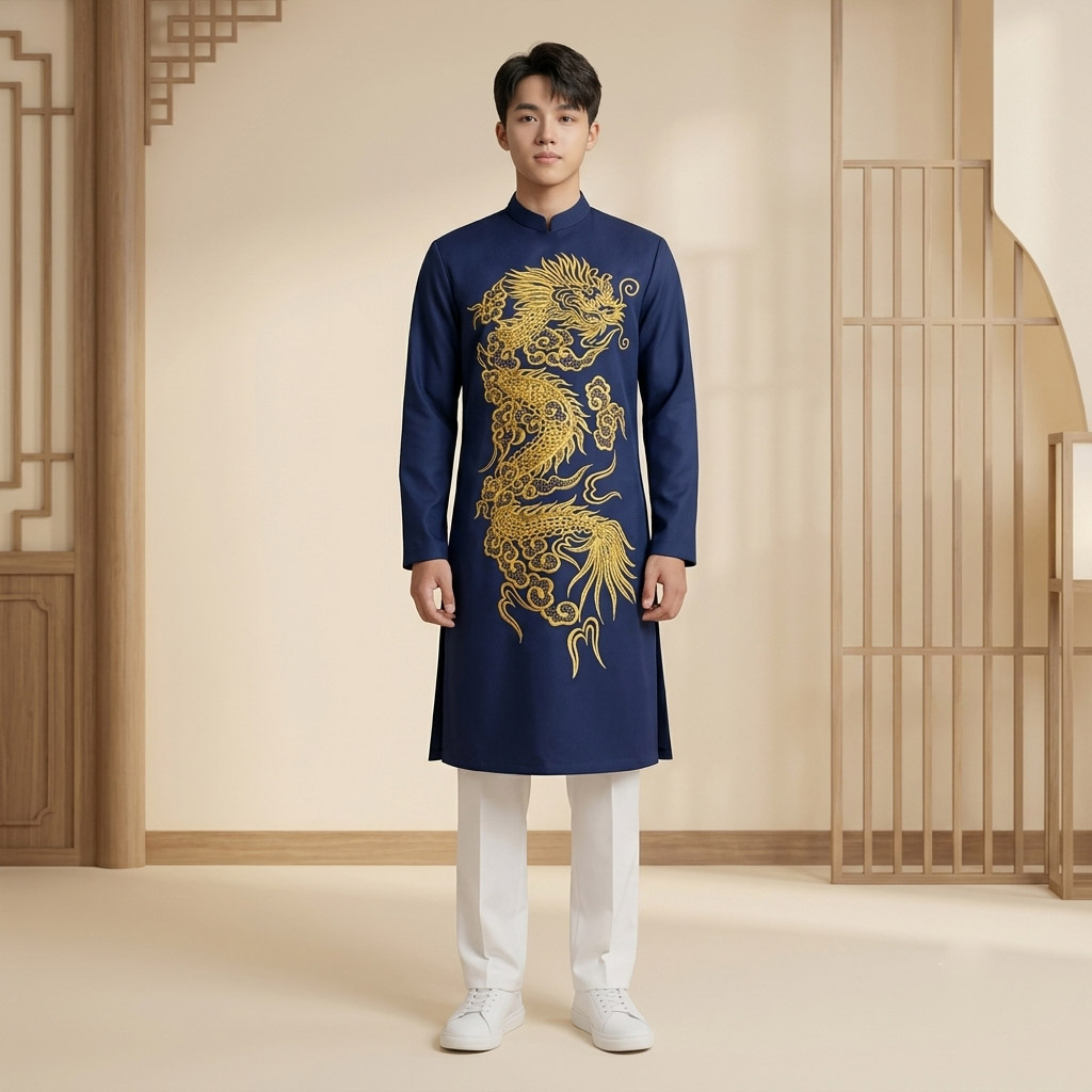 Áo Dài Nam Cách Tân Taffeta Thêu Rồng Vàng NA26-23_thumbnail_2