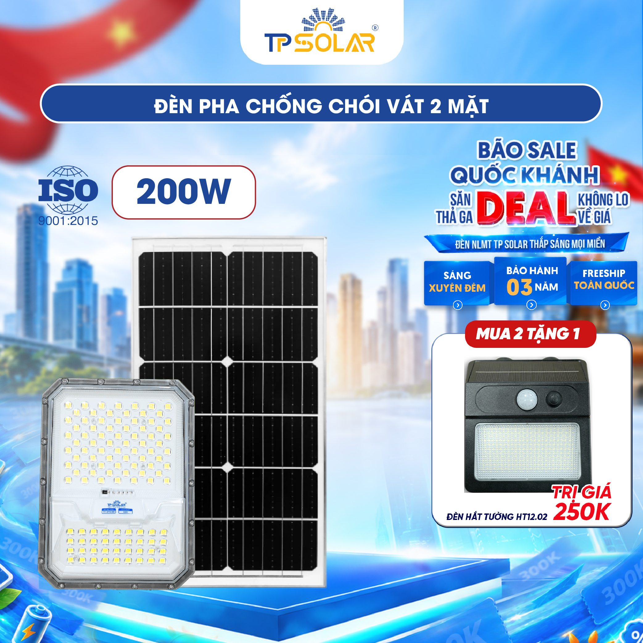 Đèn pha chống chói vát 2 mặt năng lượng mặt trời TP.DP12