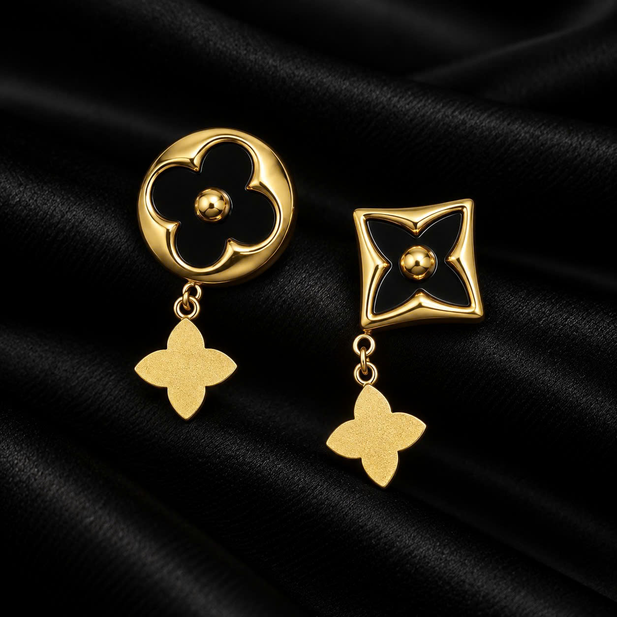 khuyên kiểu cặp titan vàng hoa đen rơi charm tròn vuông