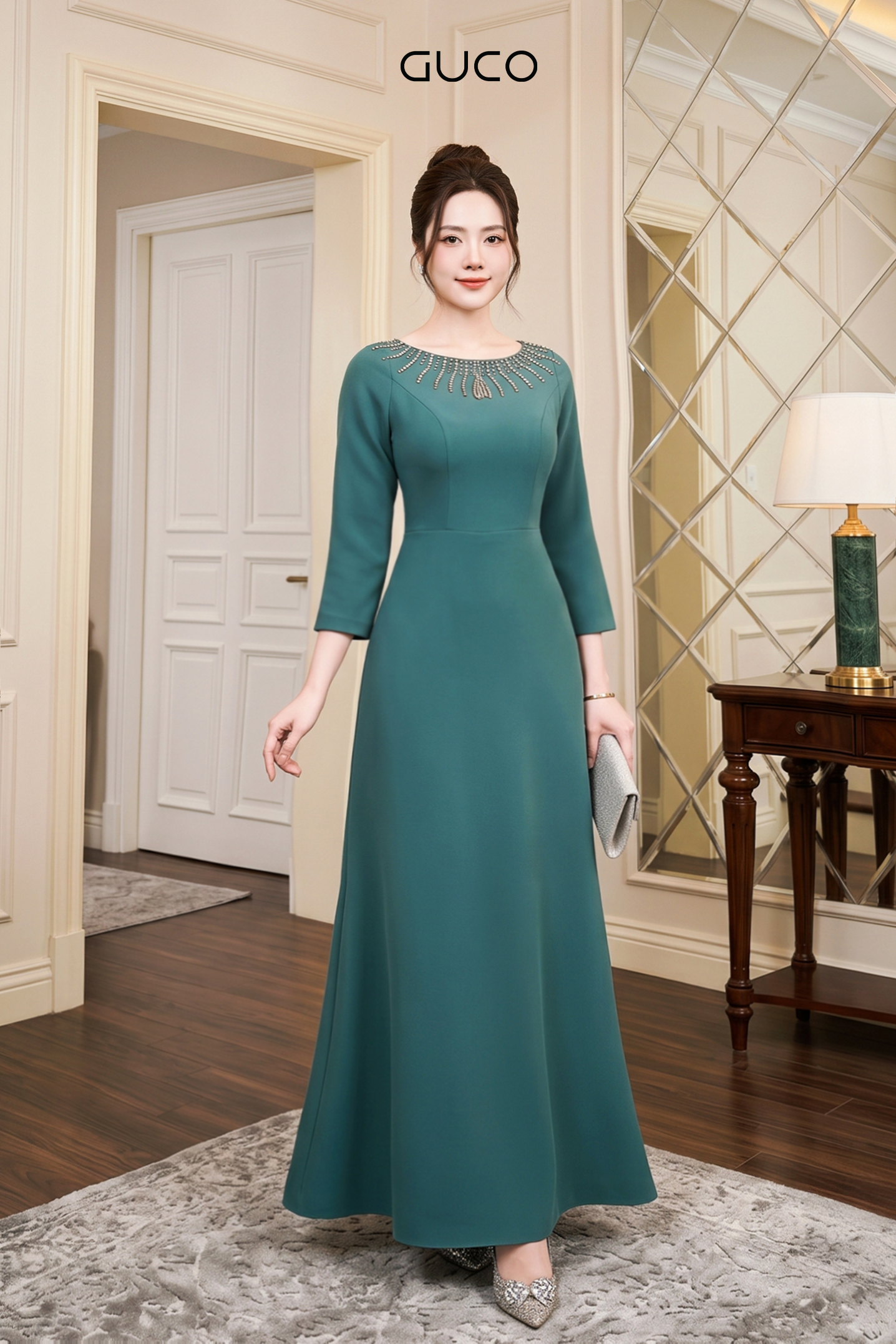 Đầm Dạ Hội Xanh Tay Lỡ Đính Đá