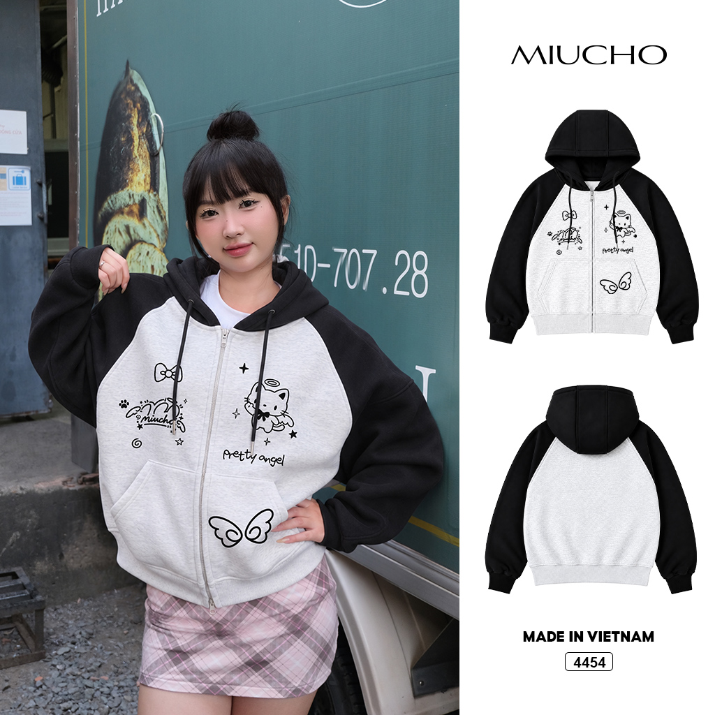 Áo hoodie zip Miucho form rộng cá tính raglan vải nỉ 2 da 4454