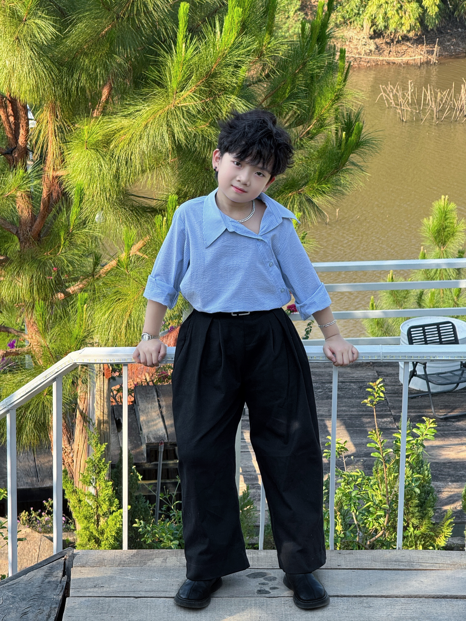 Áo Xanh Sọc Cổ Lệch, Quần Suông Kaki Rin Dày Dặn Cho Bé Trai, Bé Gái_thumbnail_3
